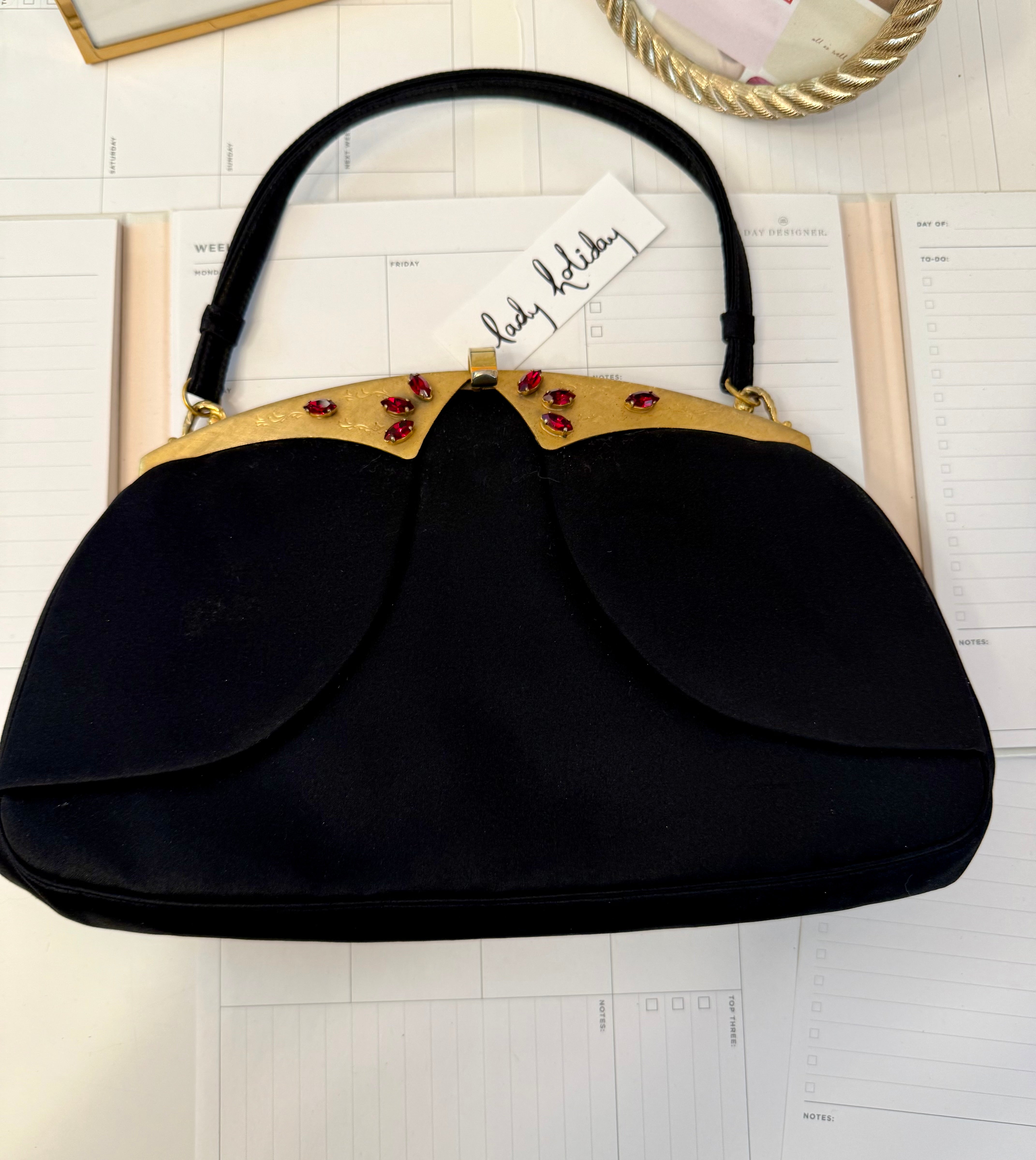 1960's divine ruby glass feminine satin evening bag..... extraordinary