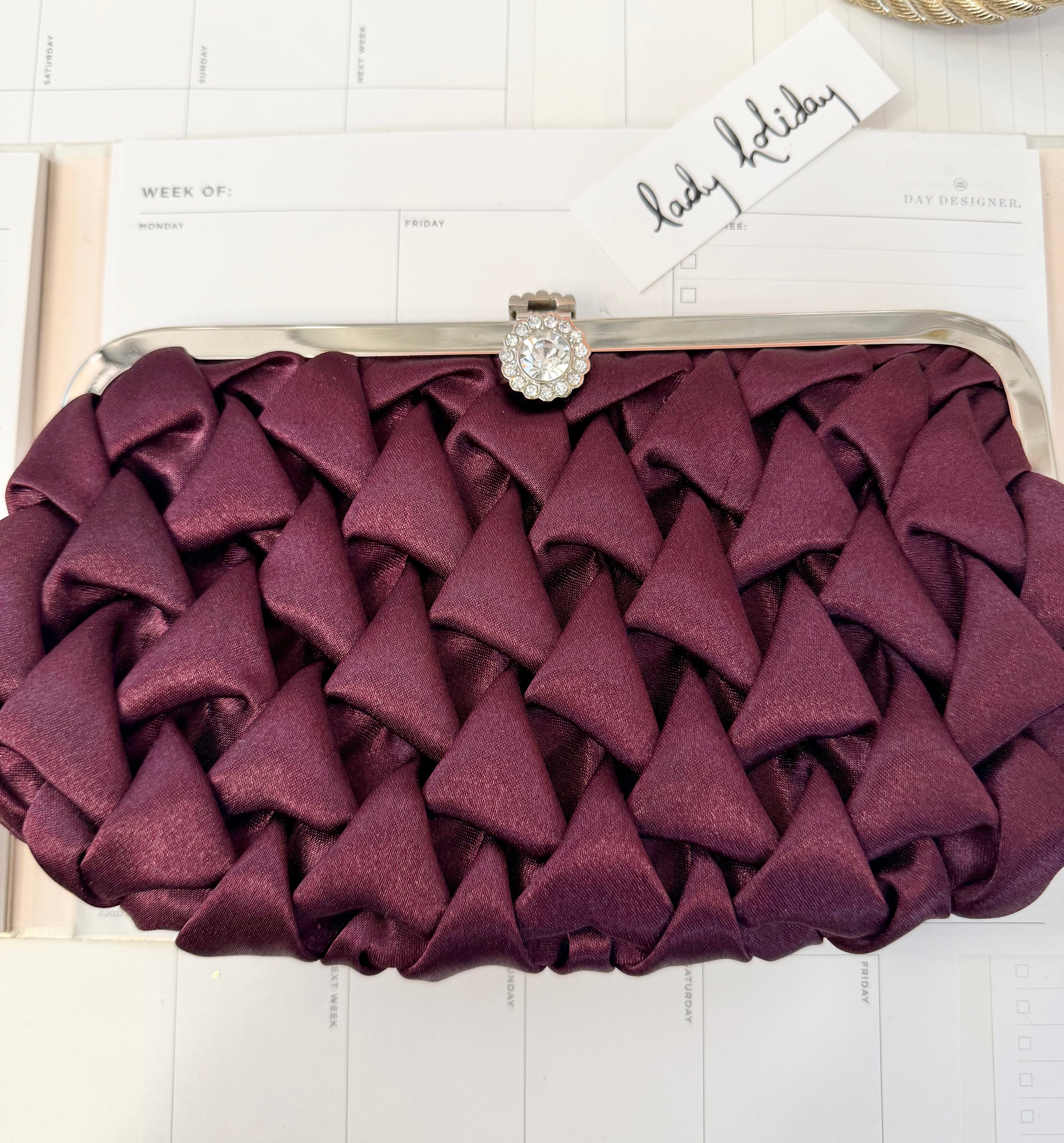 The most divine satin evening bag with extraordinary glass clasp...