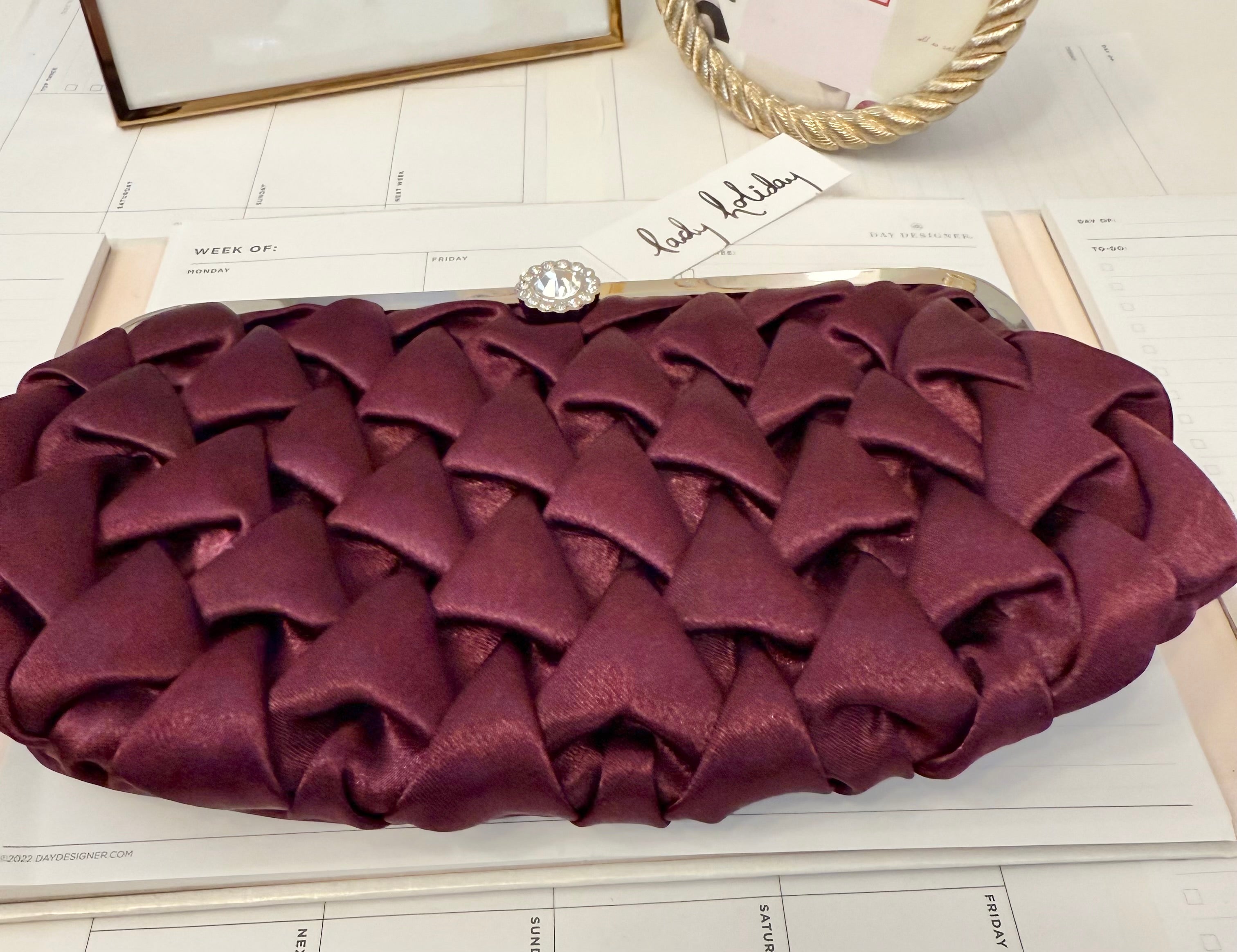 The most divine satin evening bag with extraordinary glass clasp...