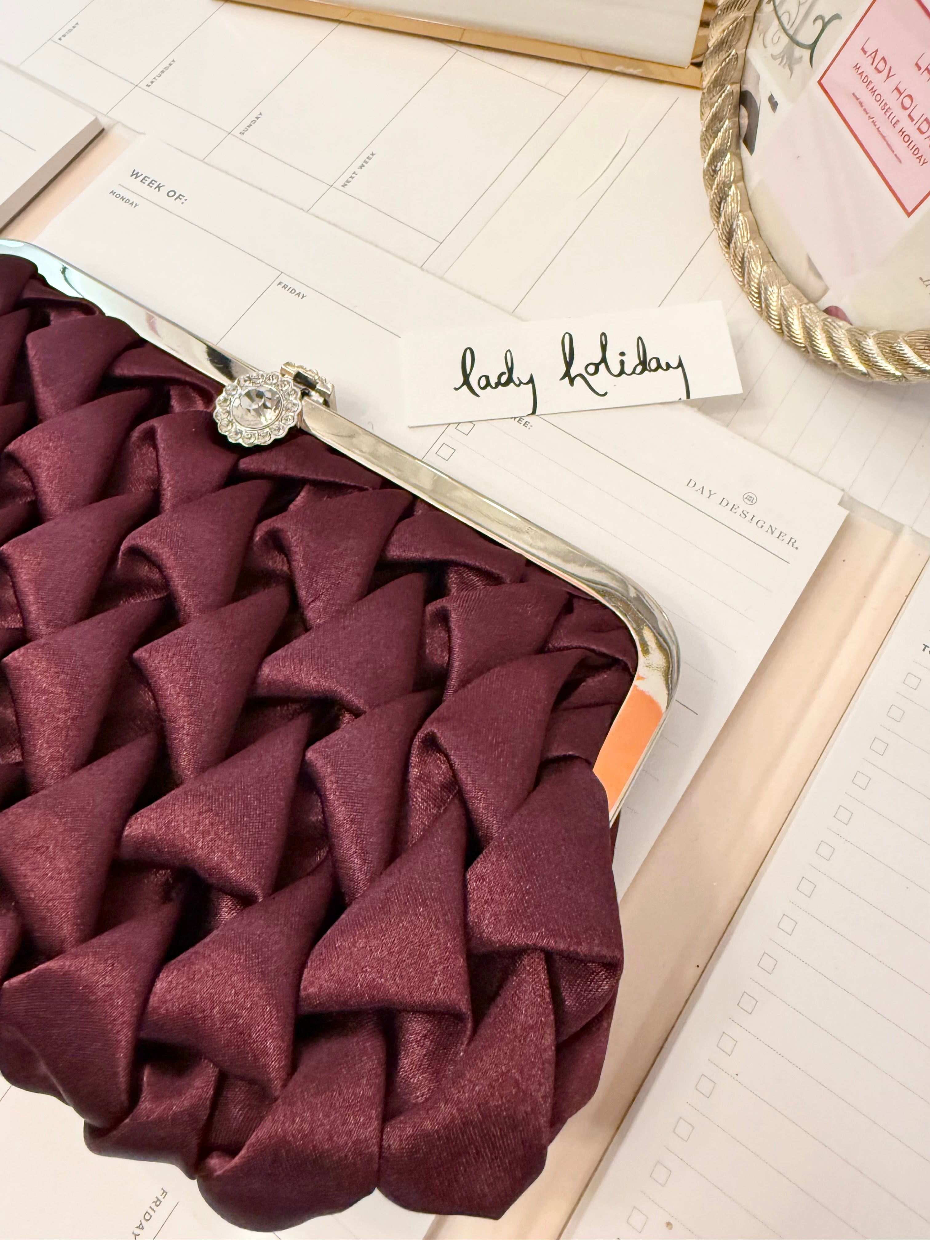 The most divine satin evening bag with extraordinary glass clasp...