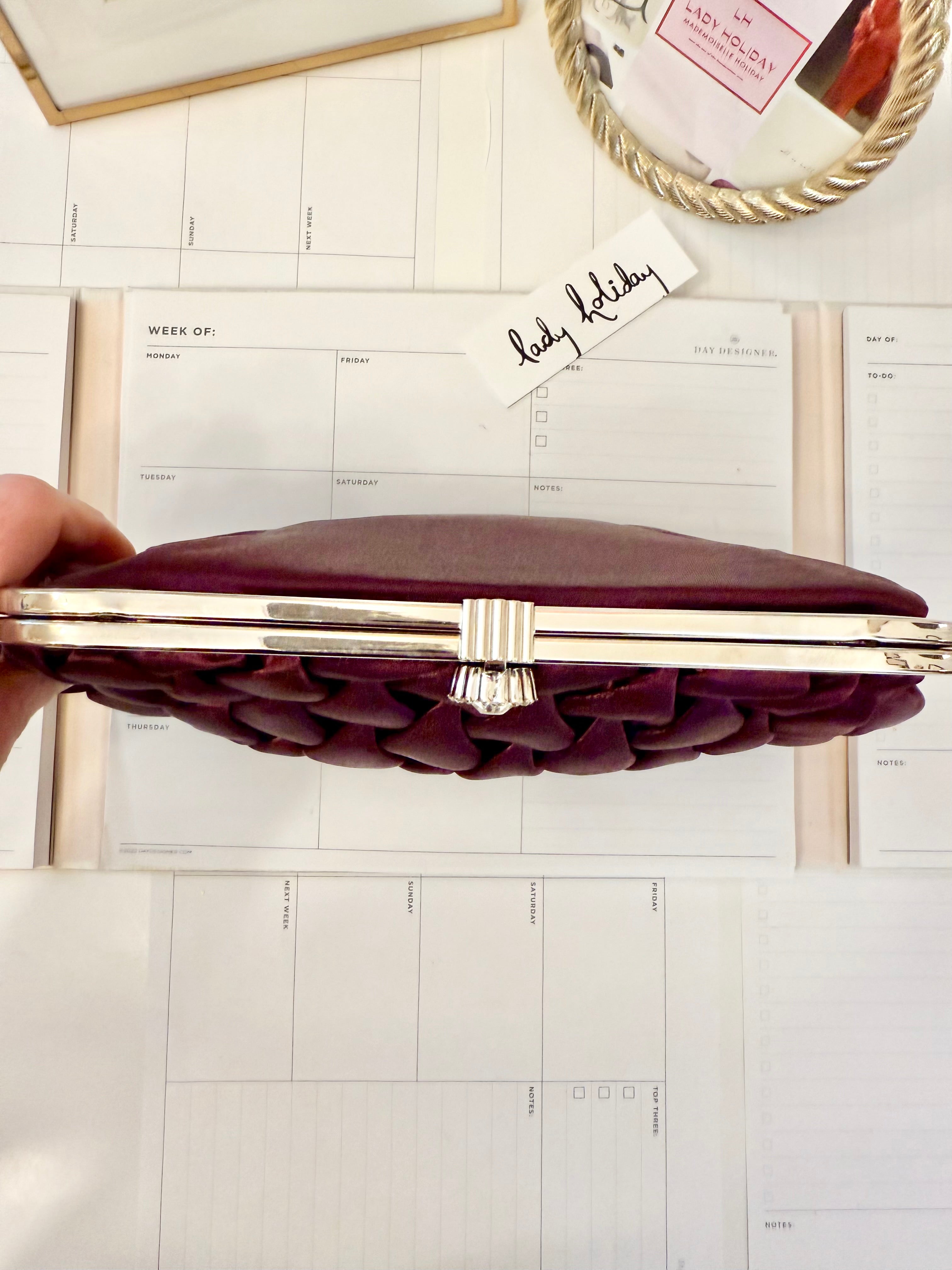The most divine satin evening bag with extraordinary glass clasp...