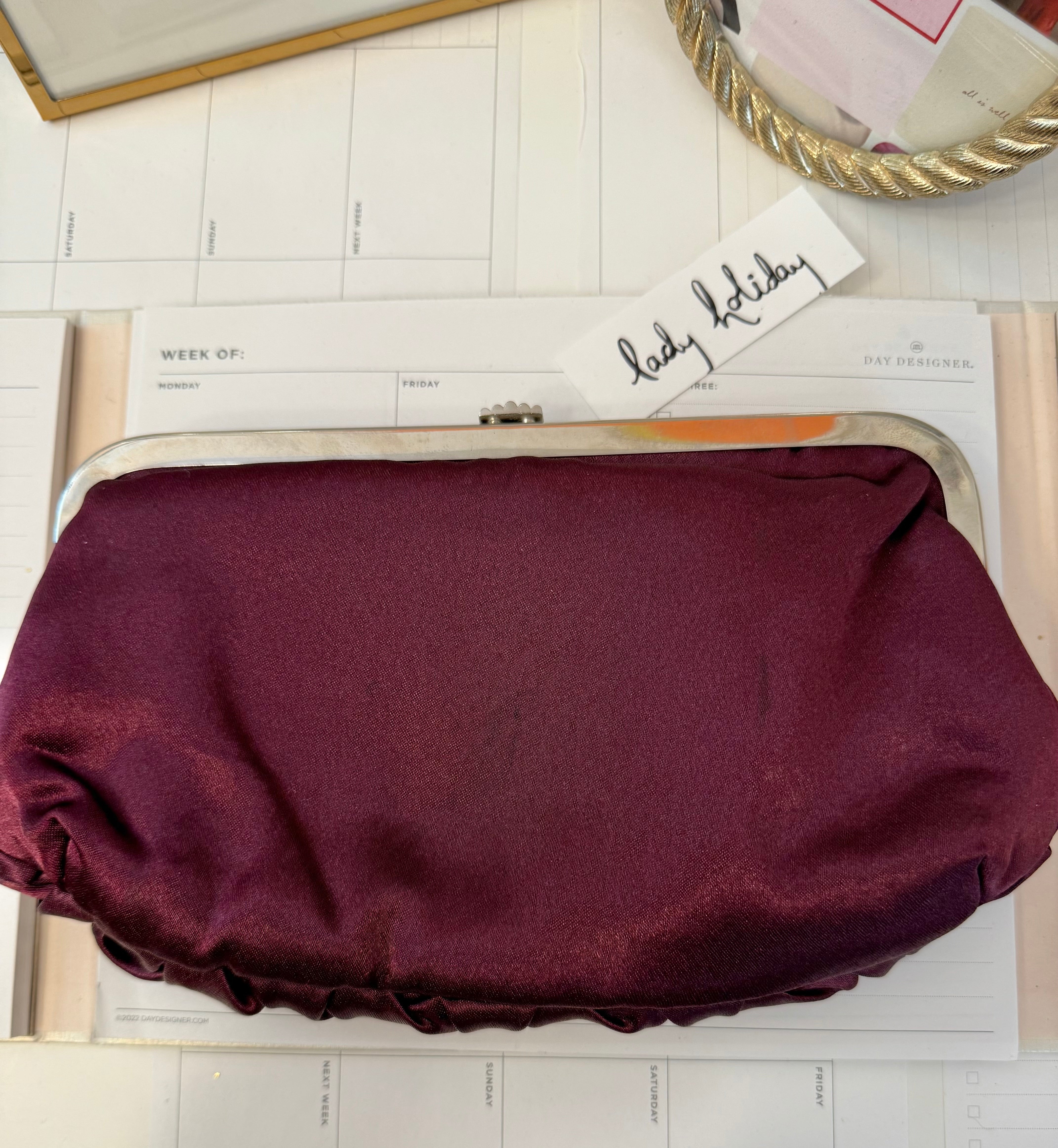 The most divine satin evening bag with extraordinary glass clasp...