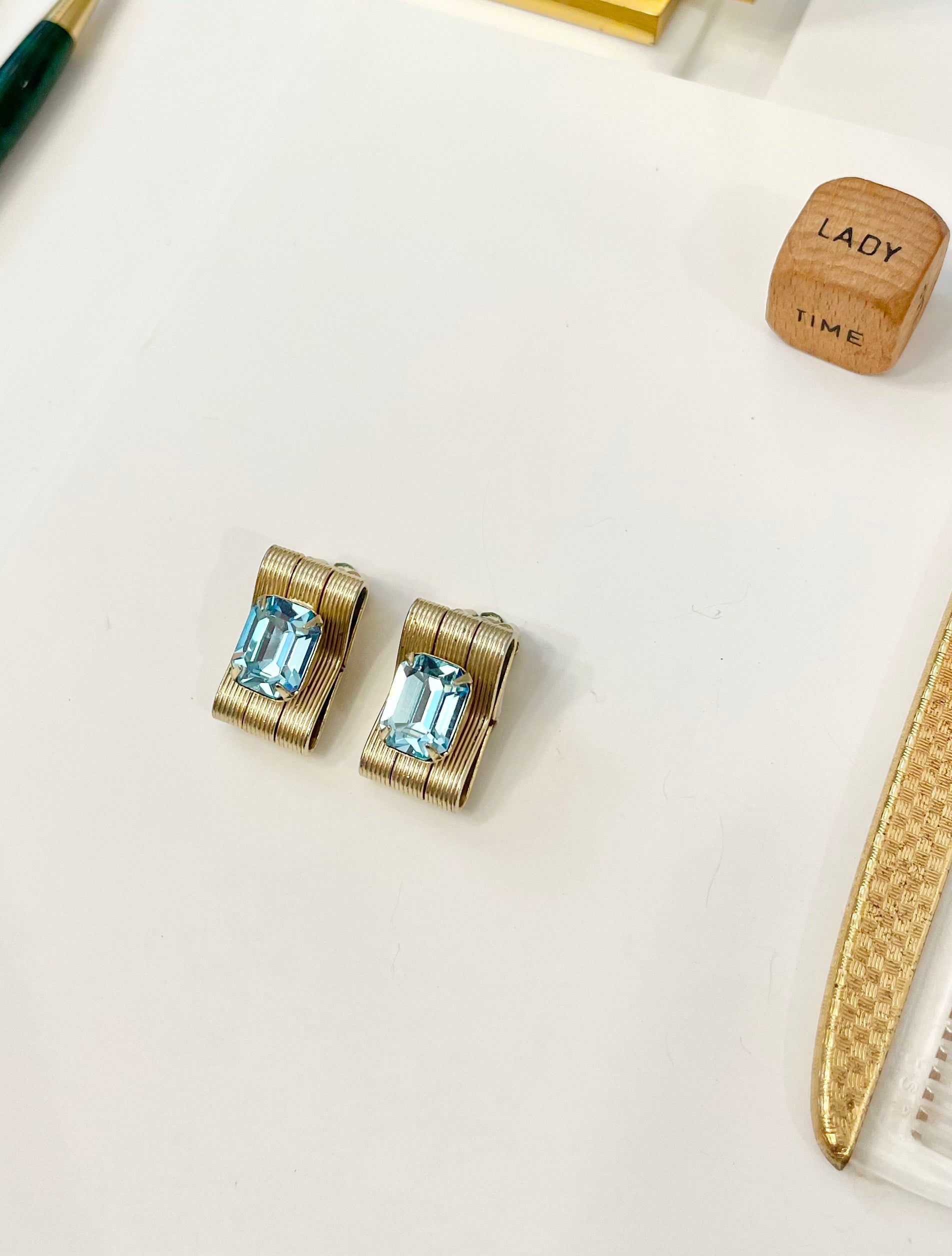 The most charming blue glass emerald cut earrings.... petite delights