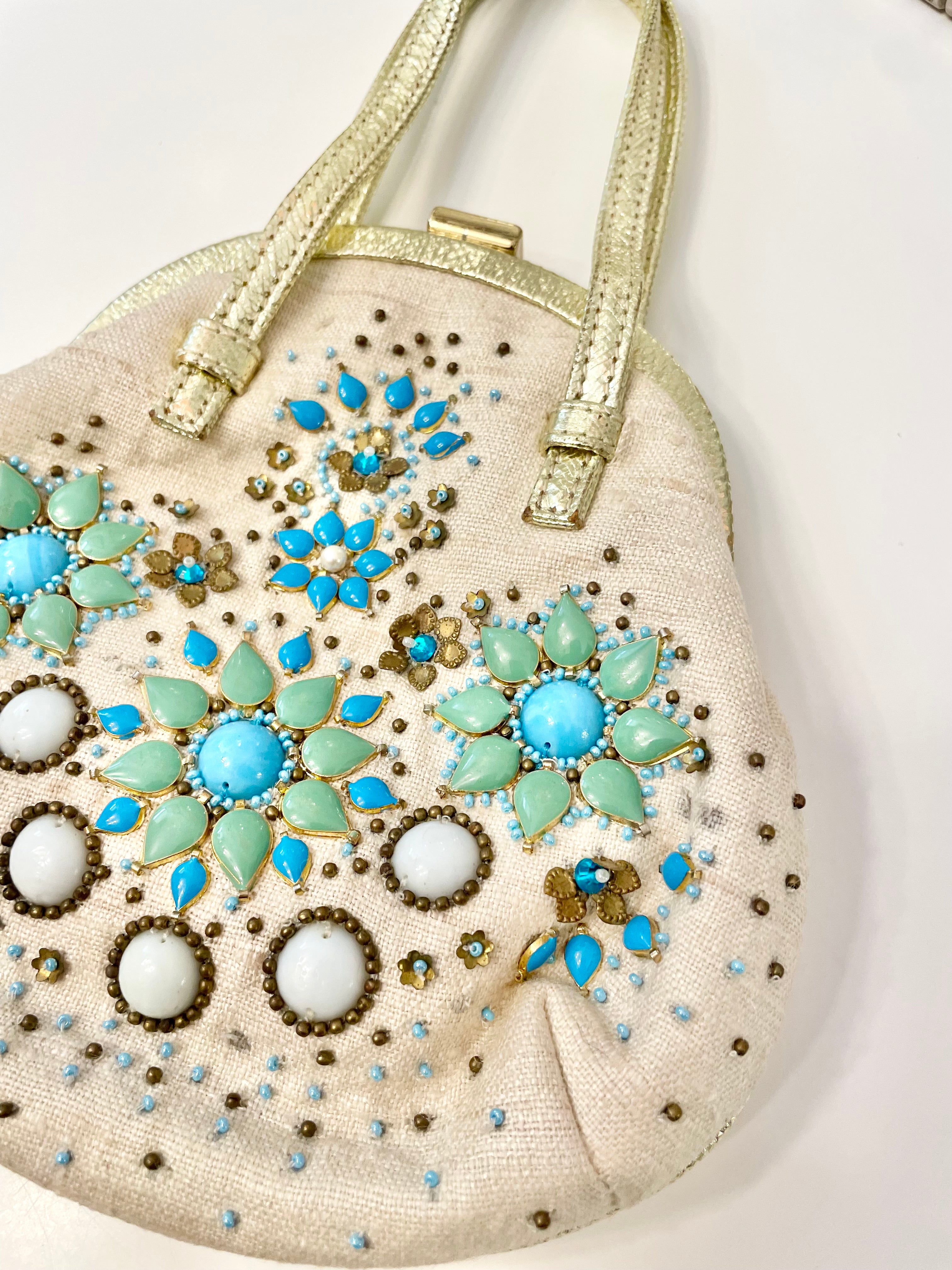 The most divine Rafe colorful beaded bag trimmed in gold leather... so feminine
