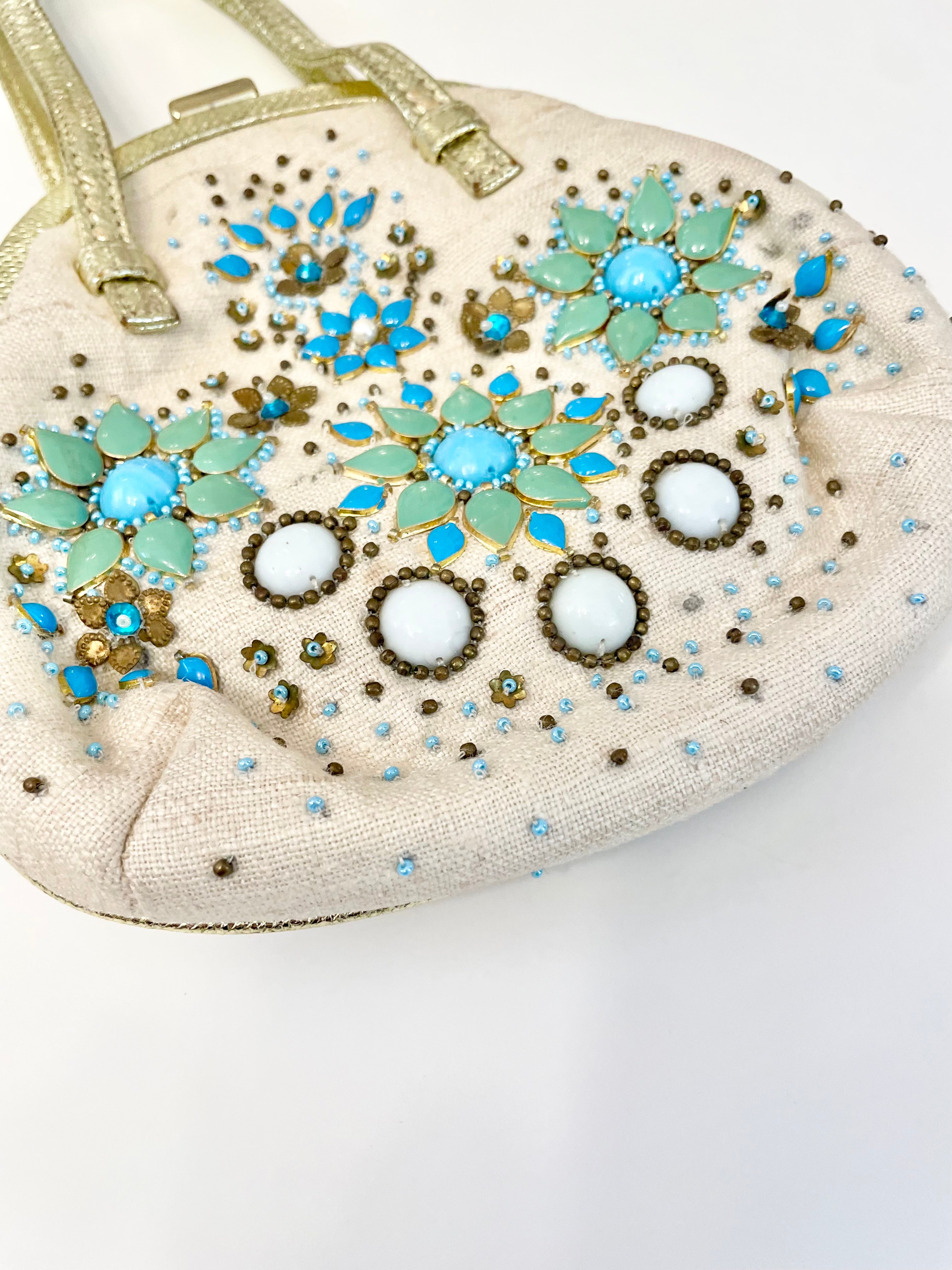 The most divine Rafe colorful beaded bag trimmed in gold leather... so feminine