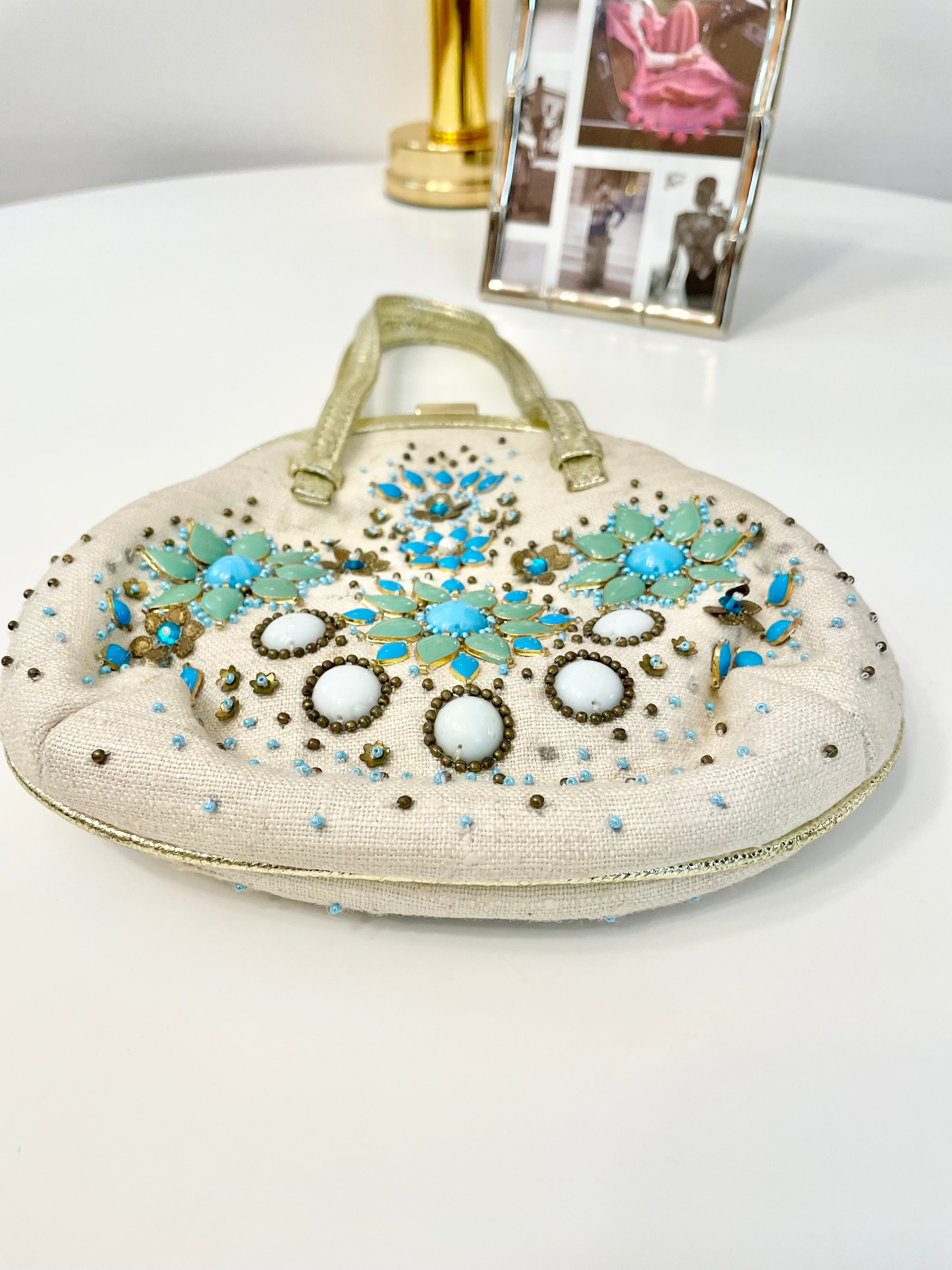The most divine Rafe colorful beaded bag trimmed in gold leather... so feminine
