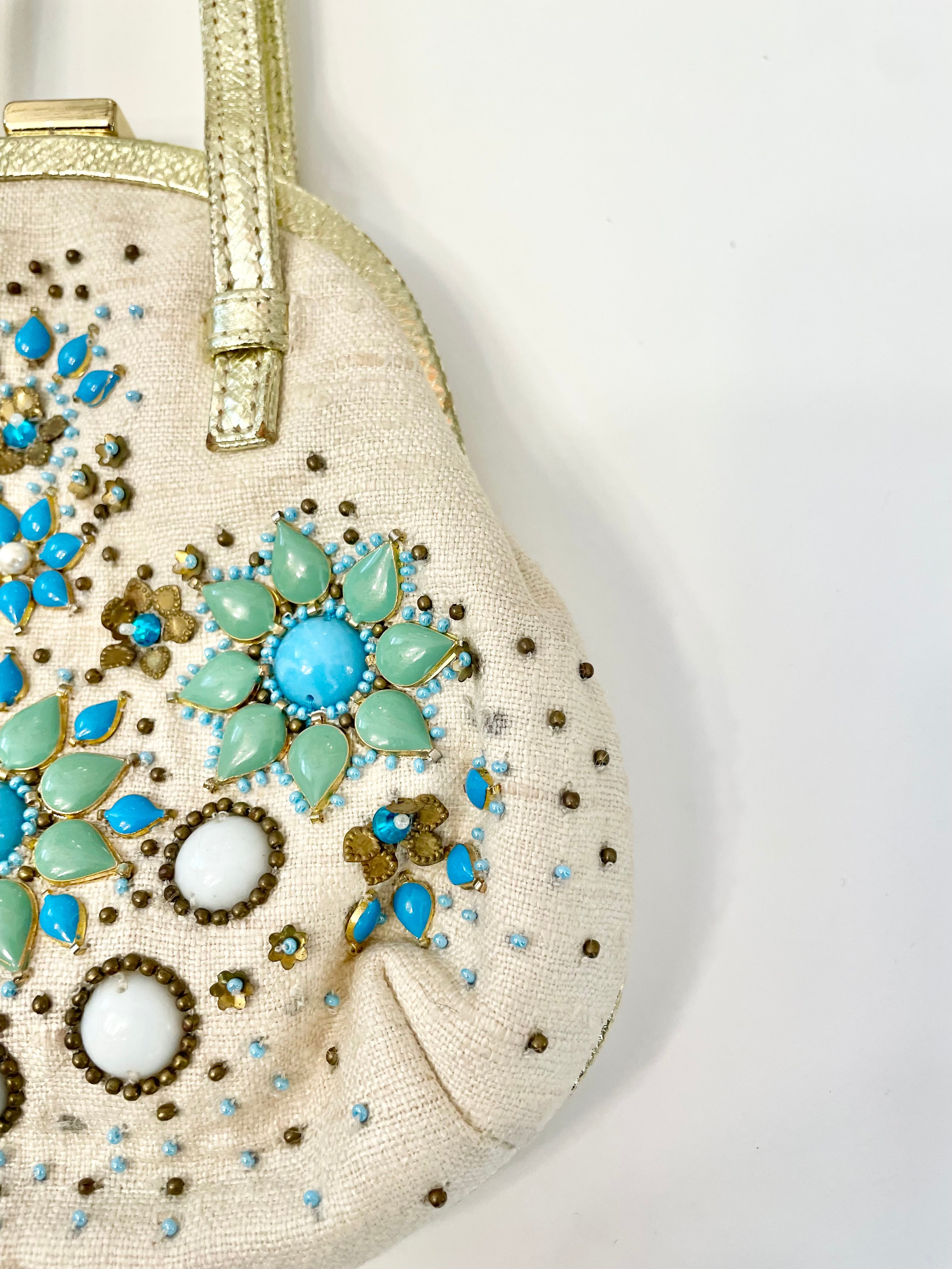 The most divine Rafe colorful beaded bag trimmed in gold leather... so feminine