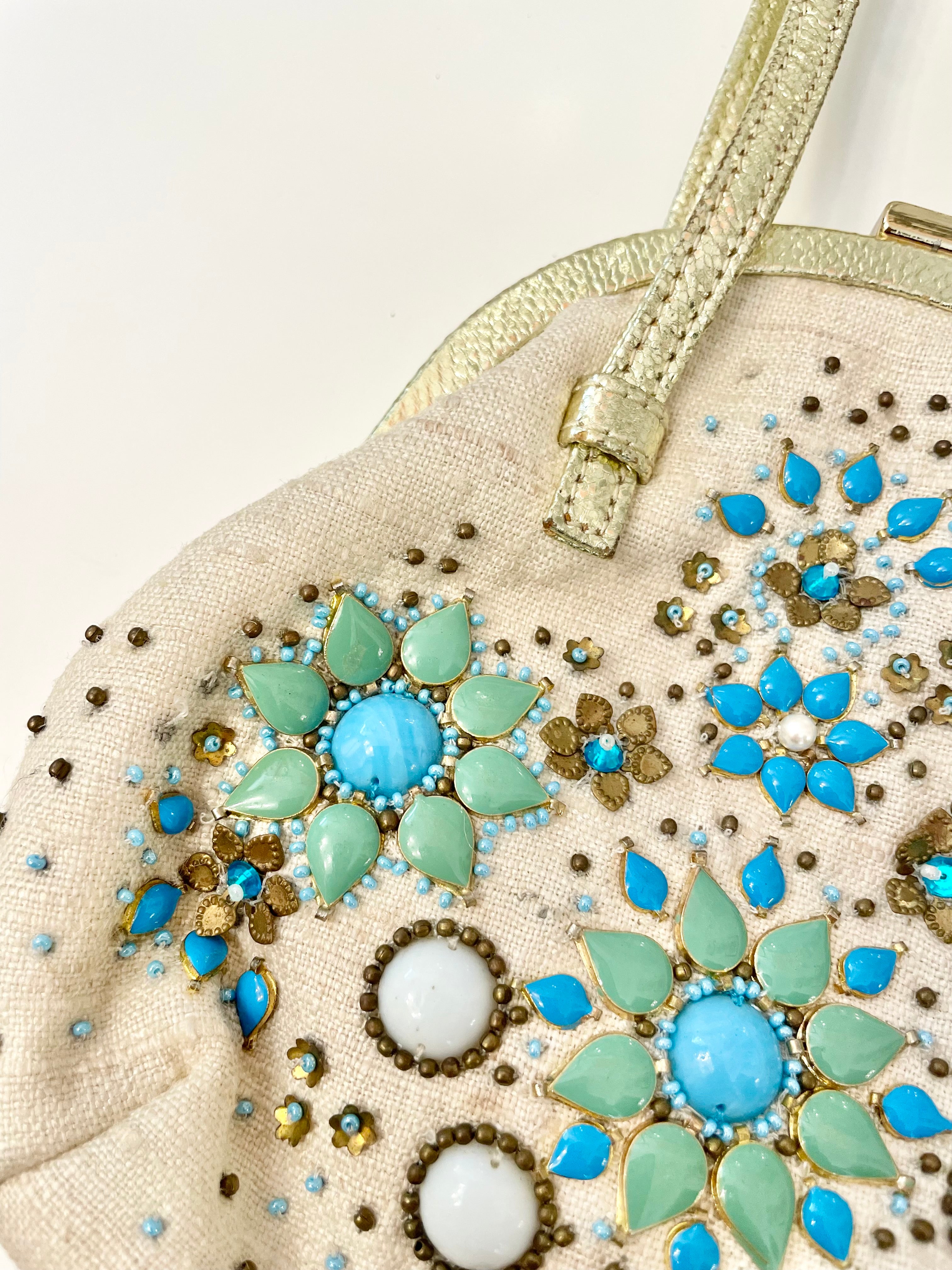 The most divine Rafe colorful beaded bag trimmed in gold leather... so feminine