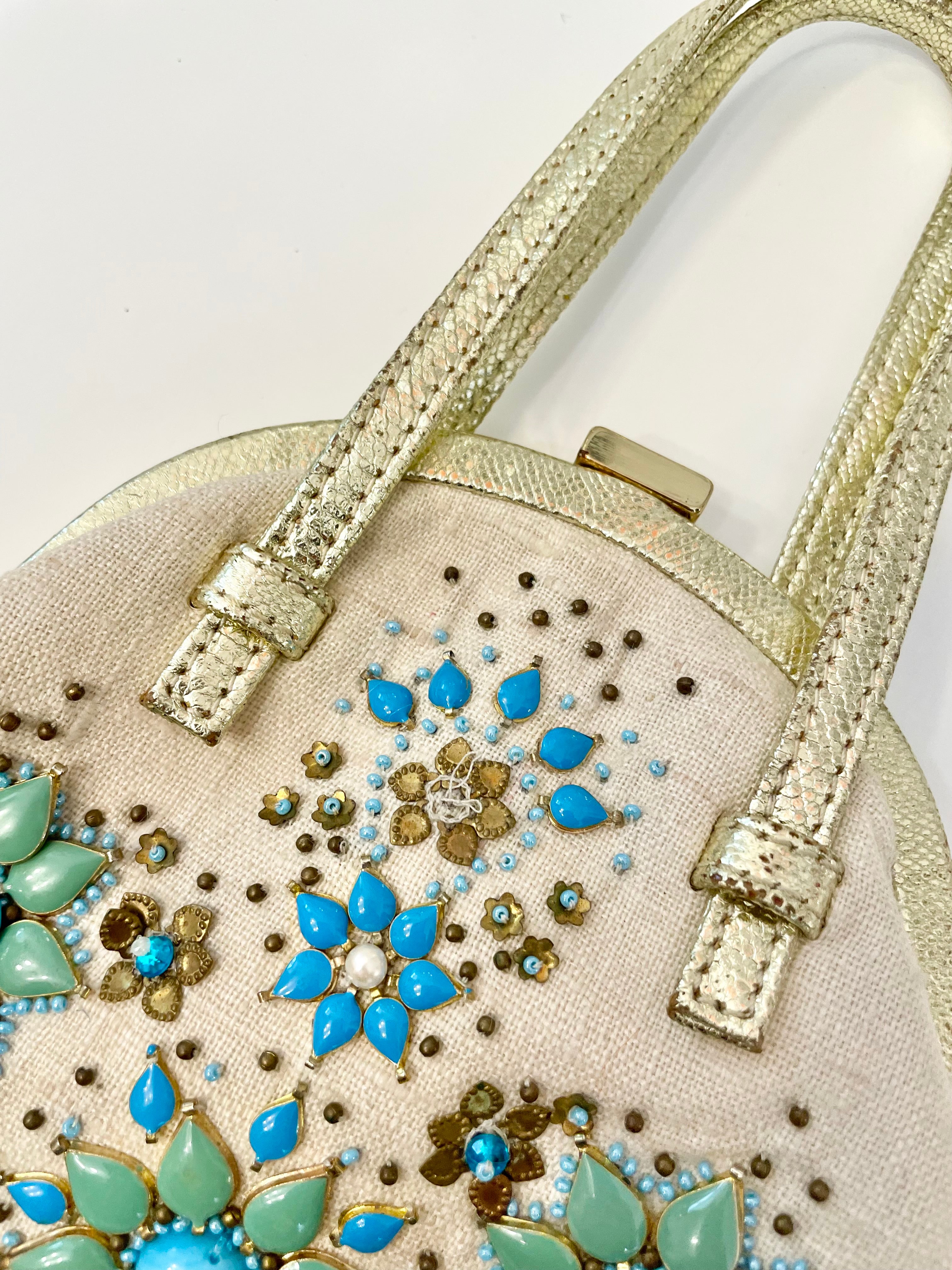The most divine Rafe colorful beaded bag trimmed in gold leather... so feminine