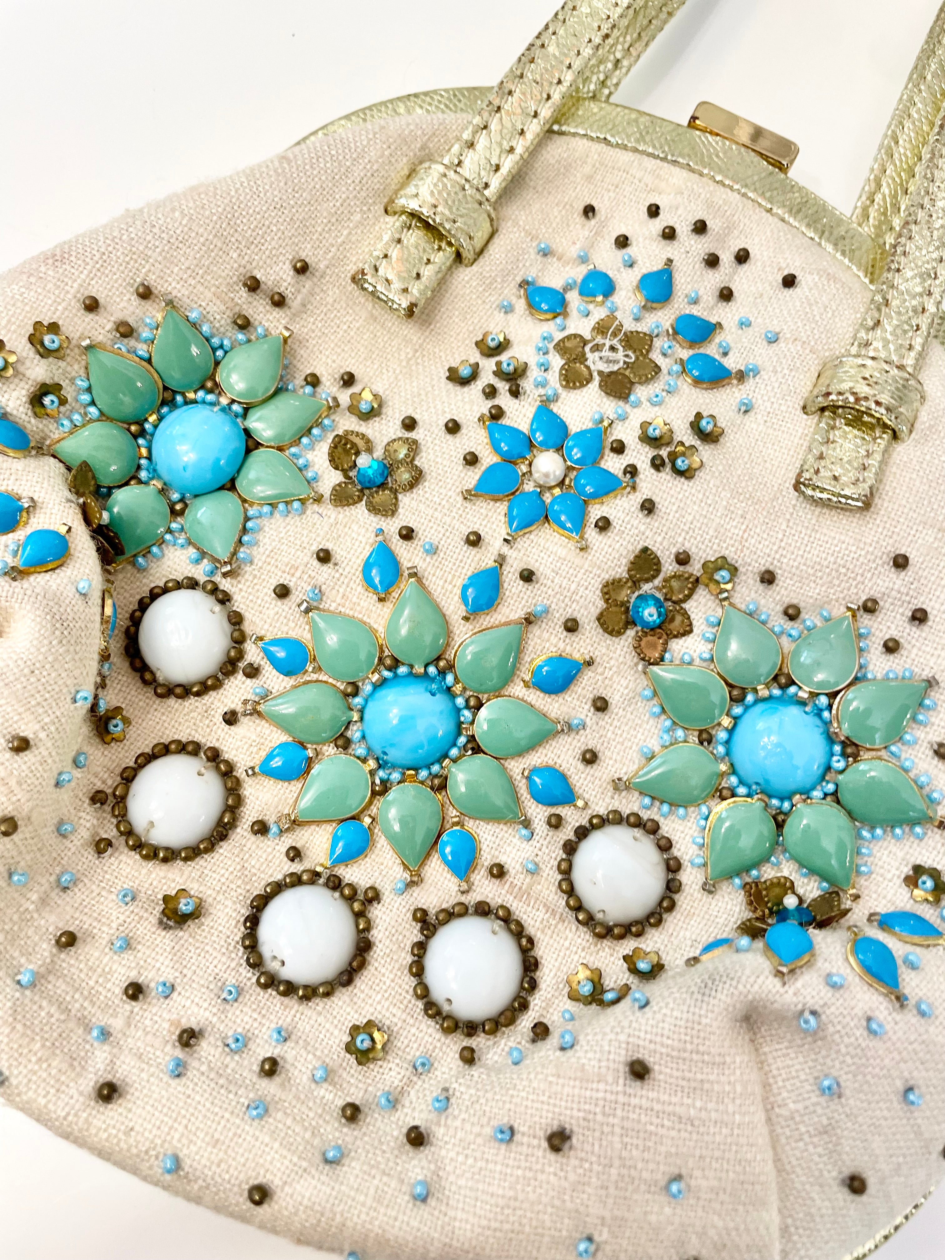 The most divine Rafe colorful beaded bag trimmed in gold leather... so feminine
