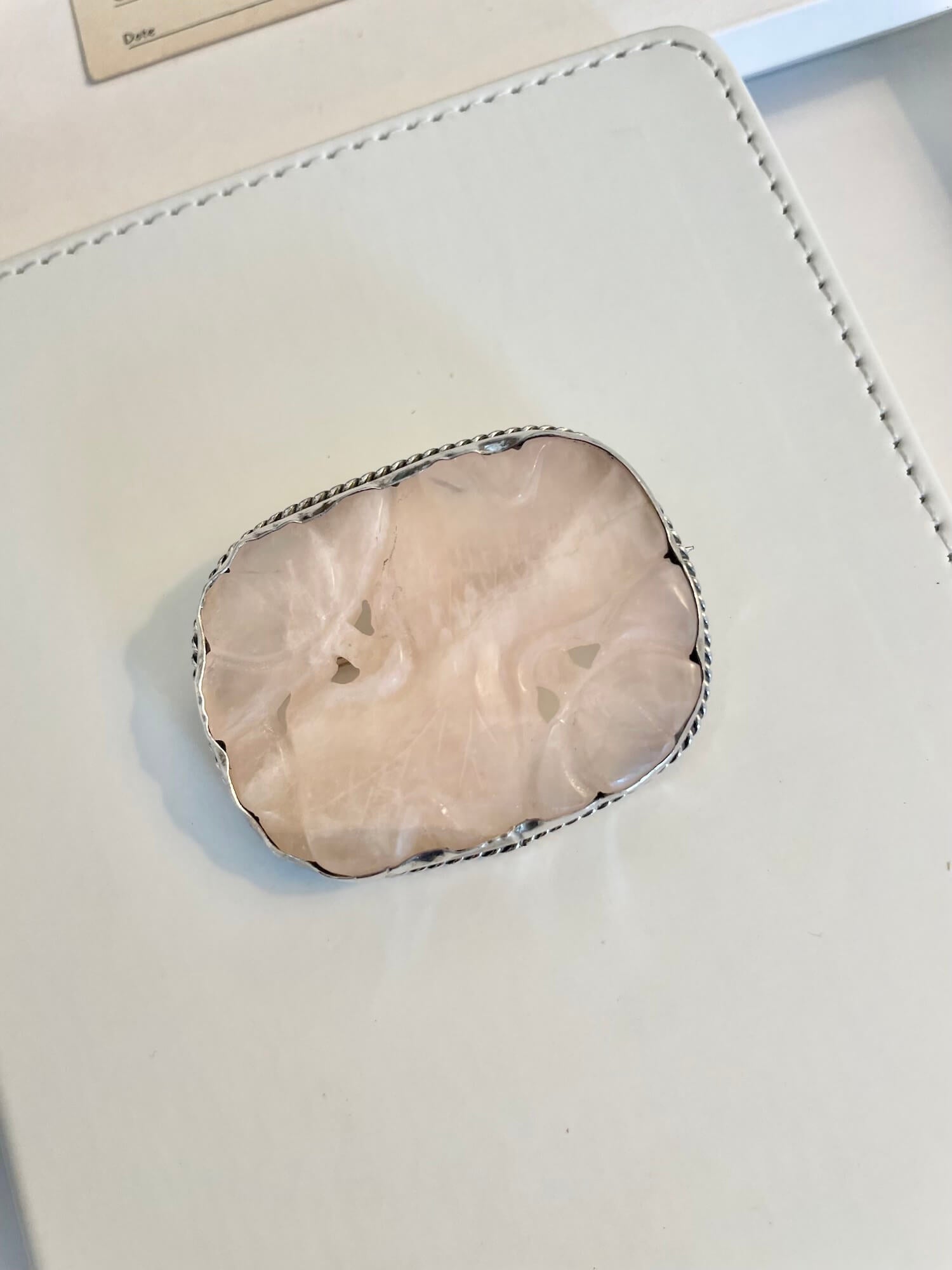 Vintage carved genuine rose quartz brooch