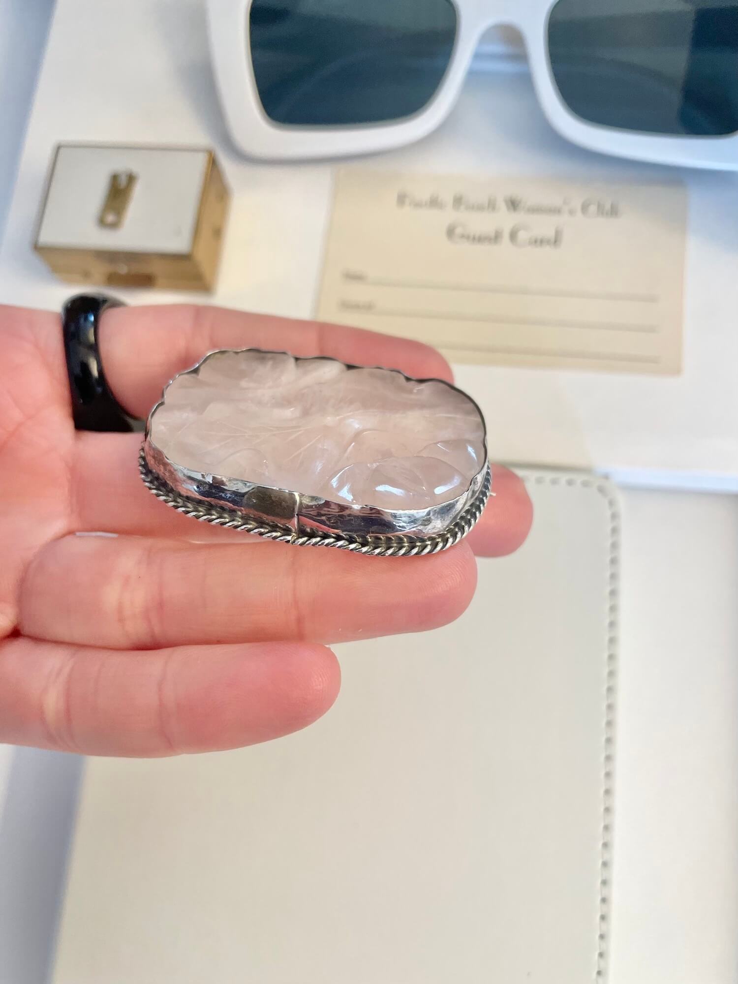Vintage carved genuine rose quartz brooch