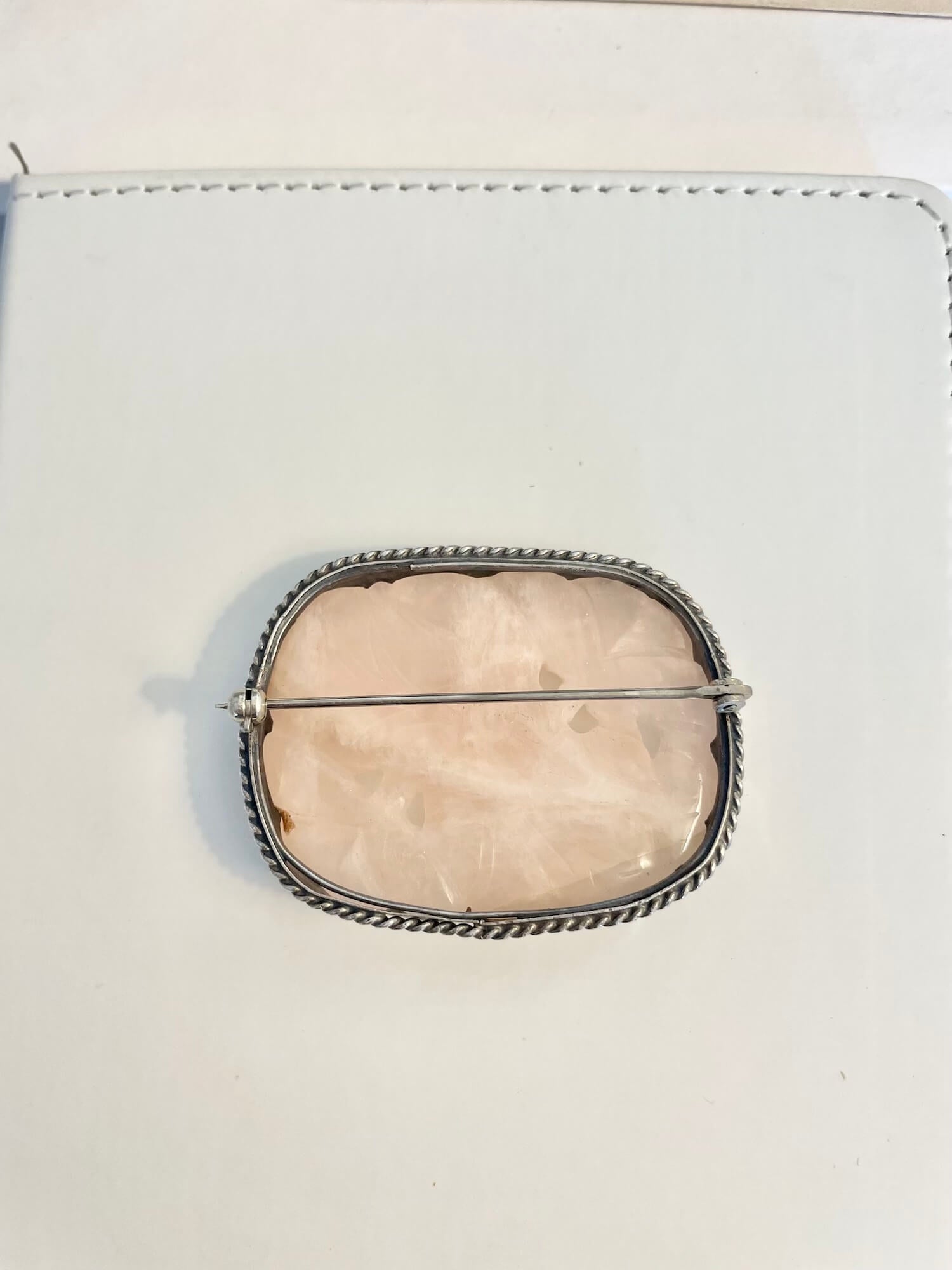 Vintage carved genuine rose quartz brooch
