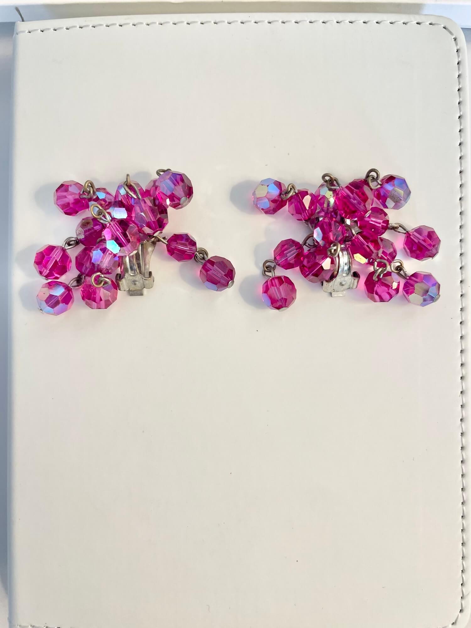1960's Flirty gal magenta glass waterfall clip earrings