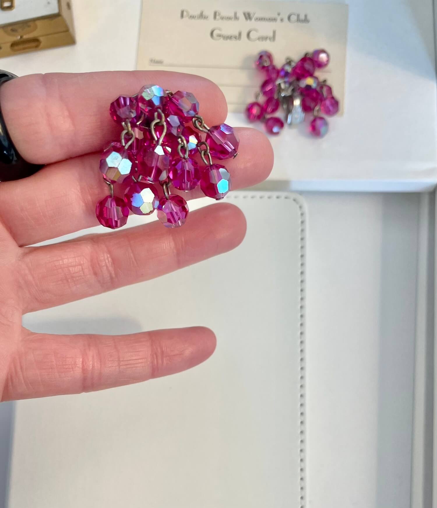 1960's Flirty gal magenta glass waterfall clip earrings