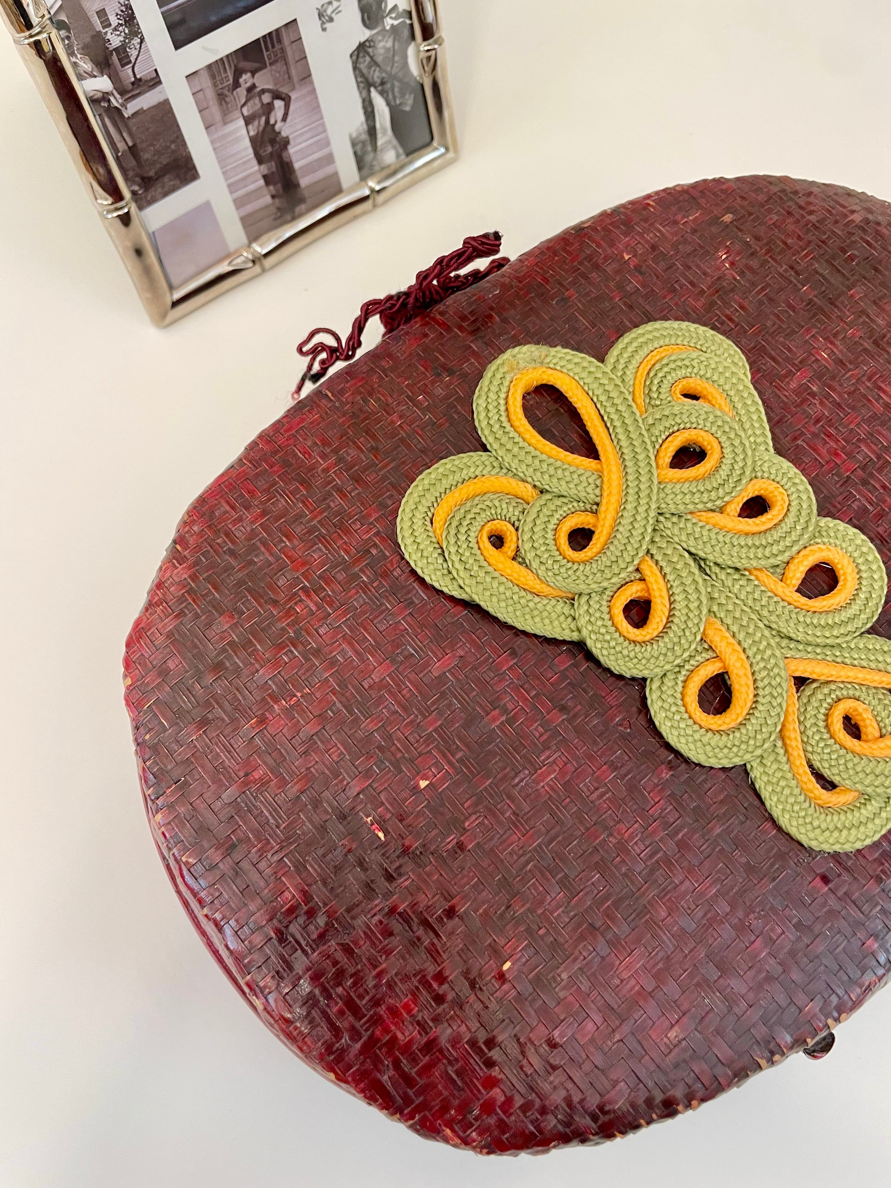 1950's French wicker clutch bag with sassy adornment..