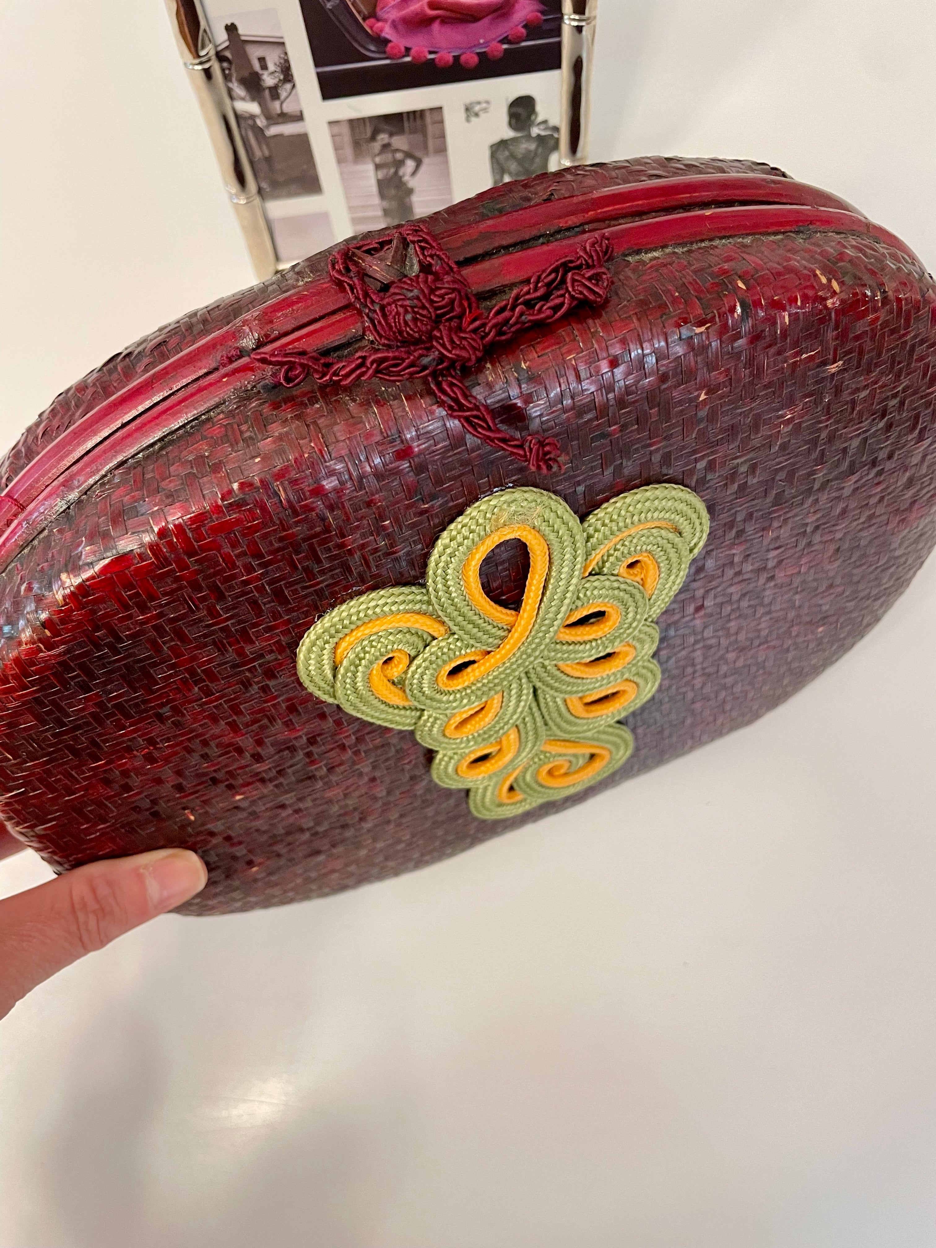 1950's French wicker clutch bag with sassy adornment..