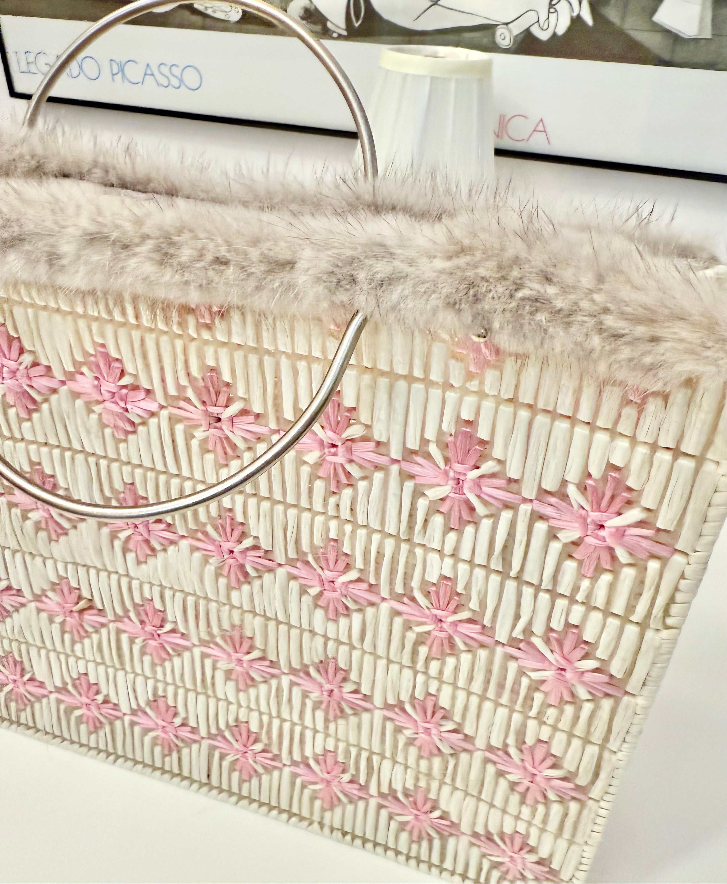 1960's Flirty gal and her sassy fur trimmed basket bag....