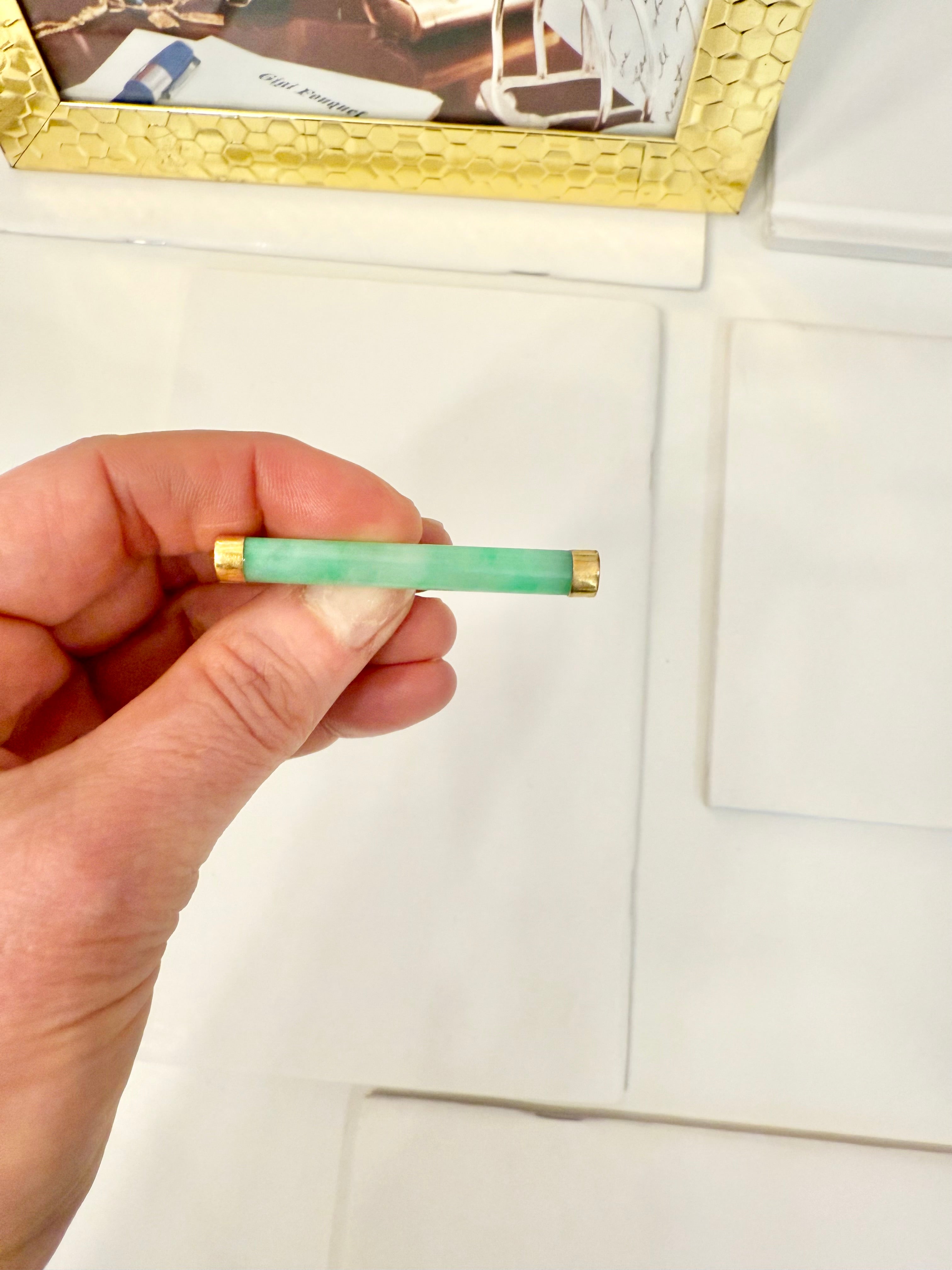 The most elegant 14K gold and genuine jade bar pin... a true classic.