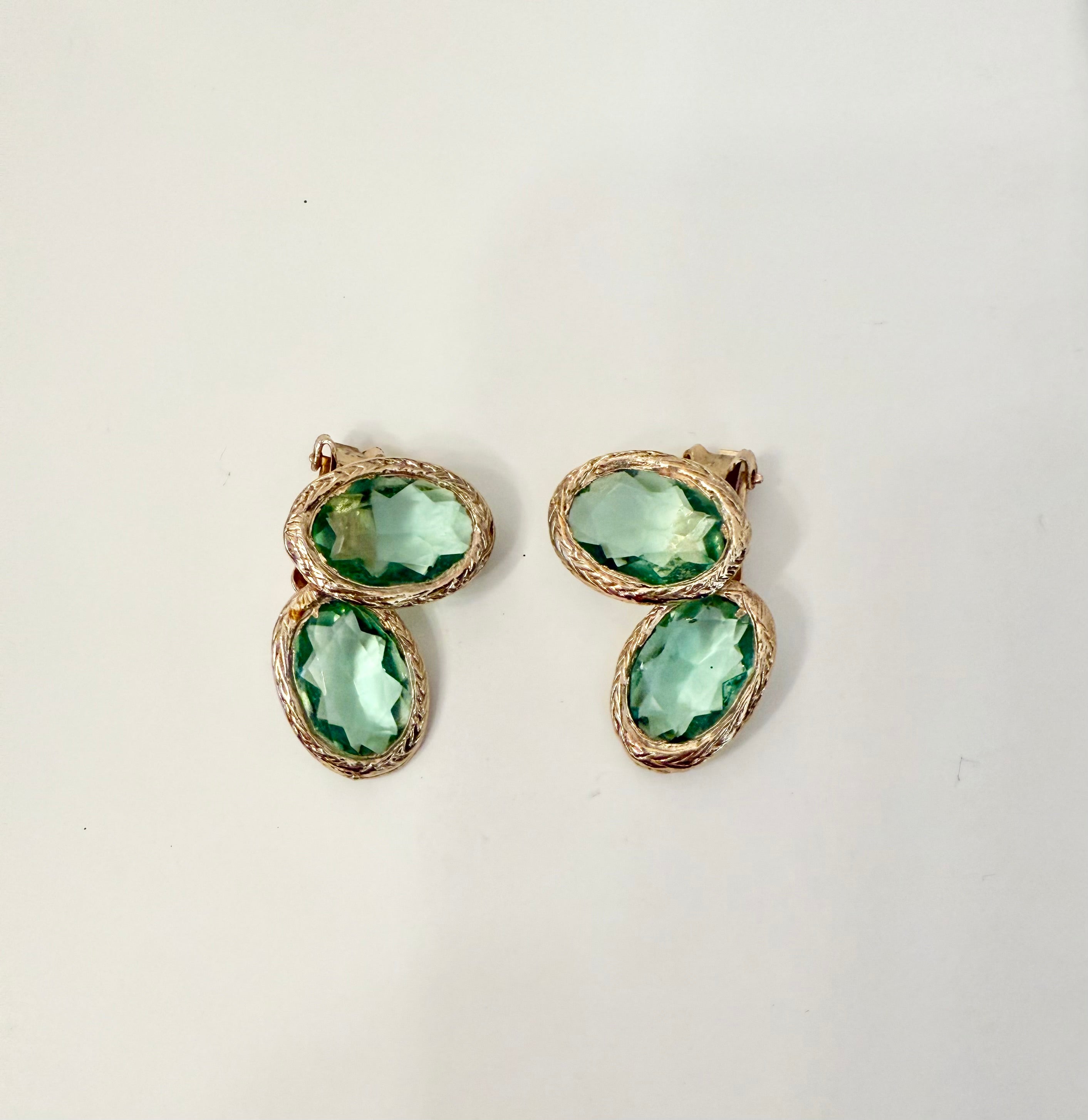 1960's divine Made In France green glass ear climbers... so spectacular.