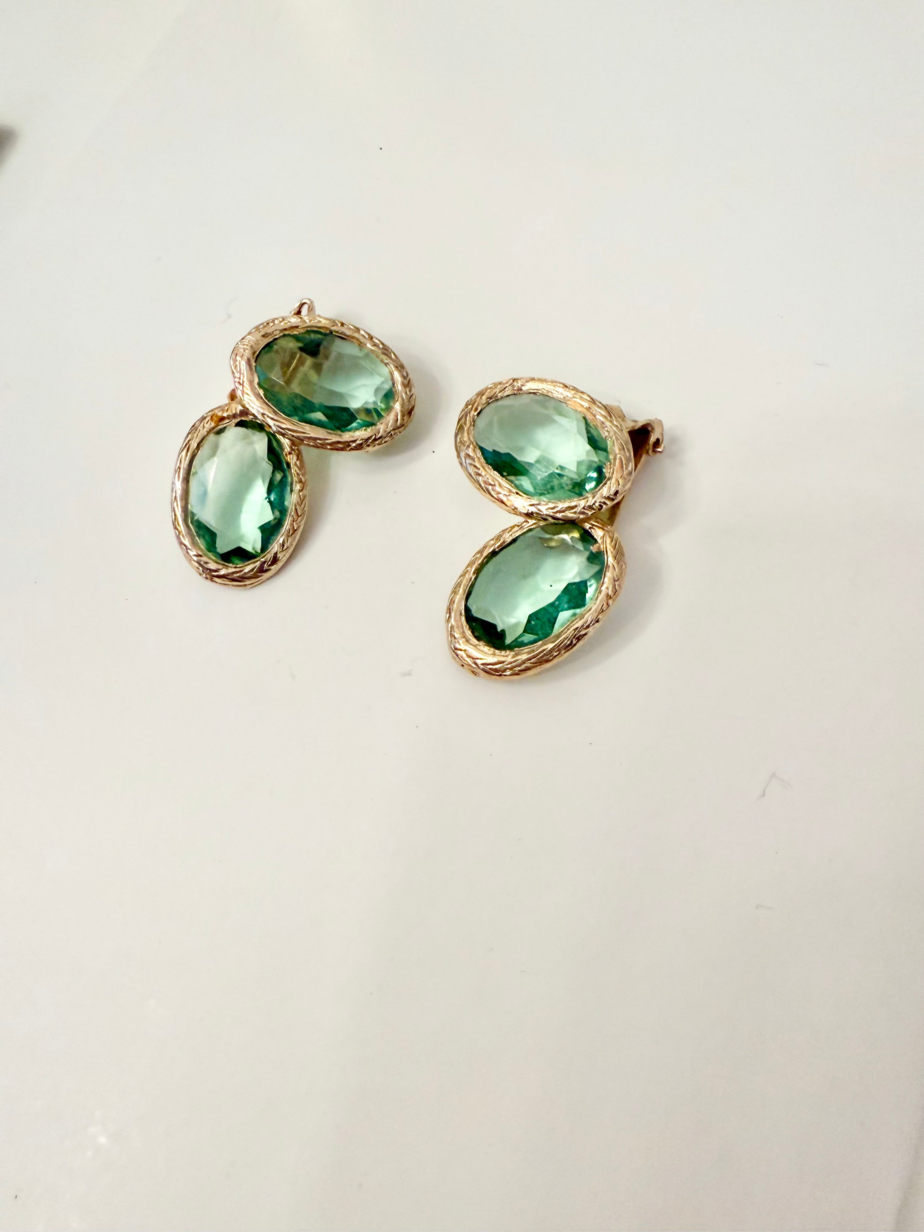 1960's divine Made In France green glass ear climbers... so spectacular.
