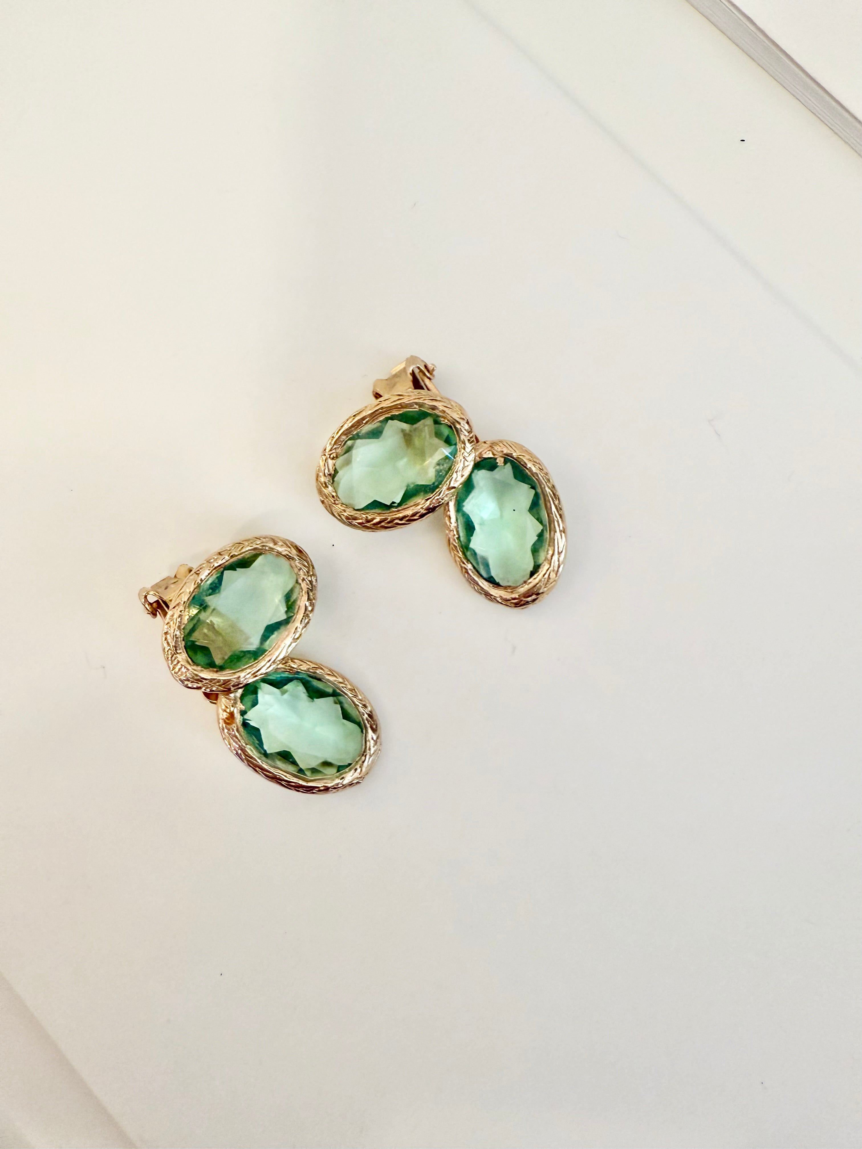 1960's divine Made In France green glass ear climbers... so spectacular.
