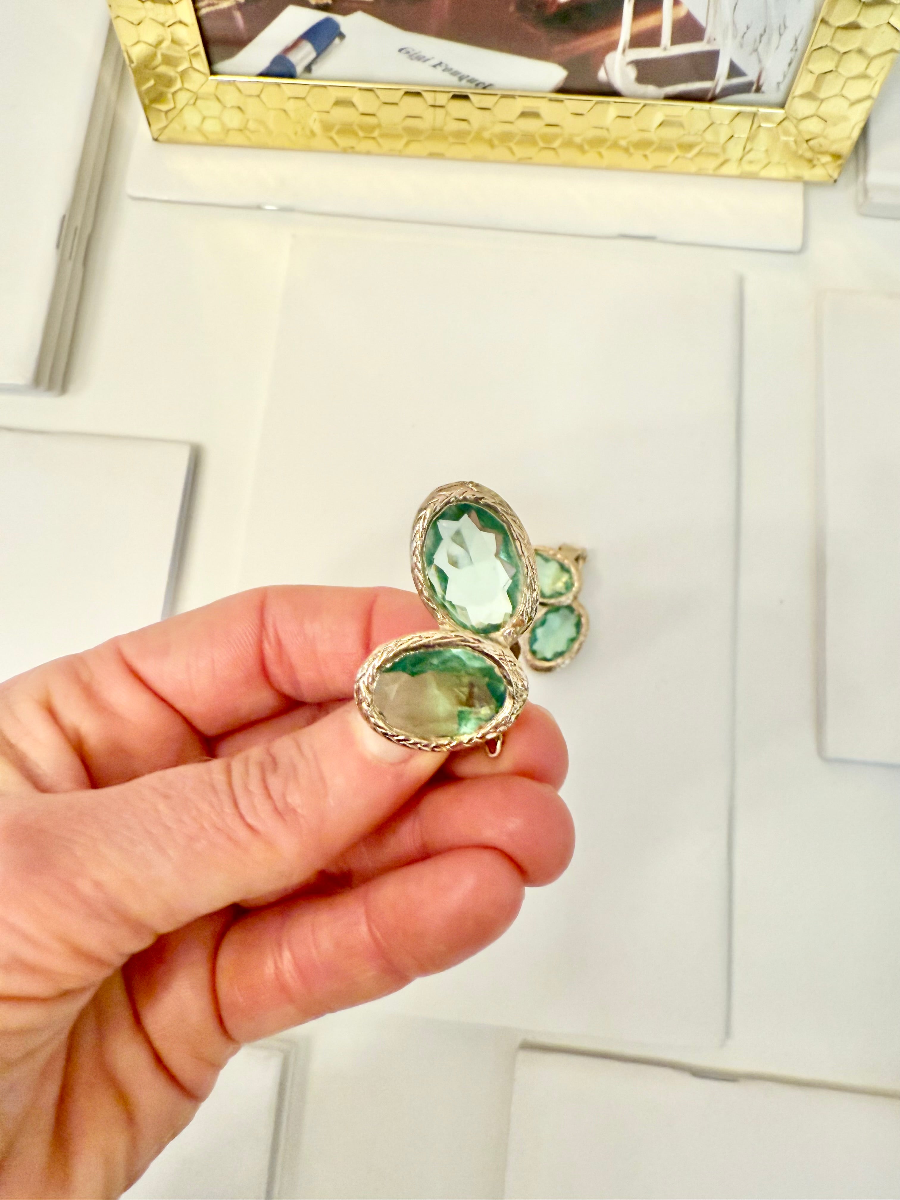 1960's divine Made In France green glass ear climbers... so spectacular.
