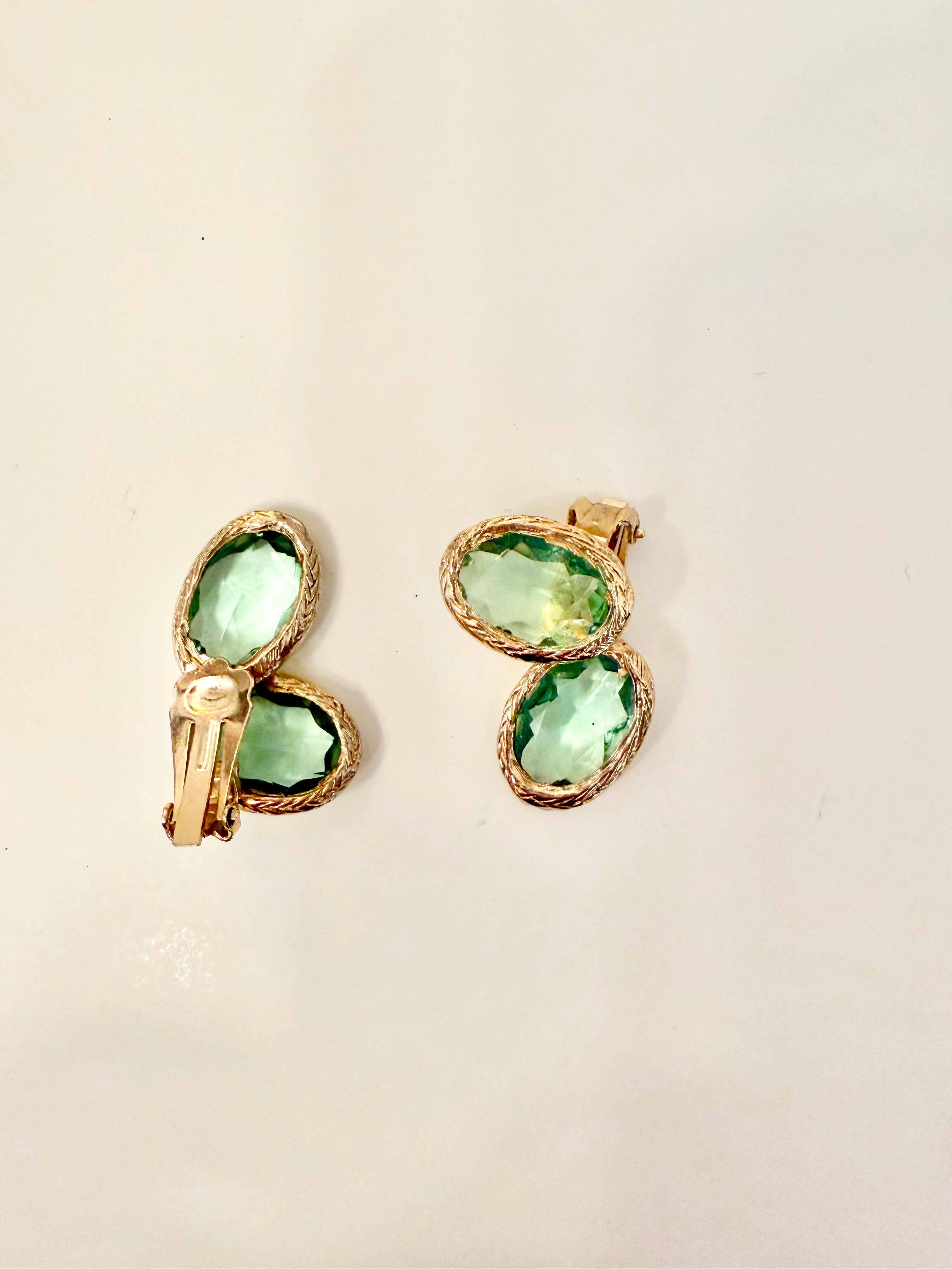 1960's divine Made In France green glass ear climbers... so spectacular.