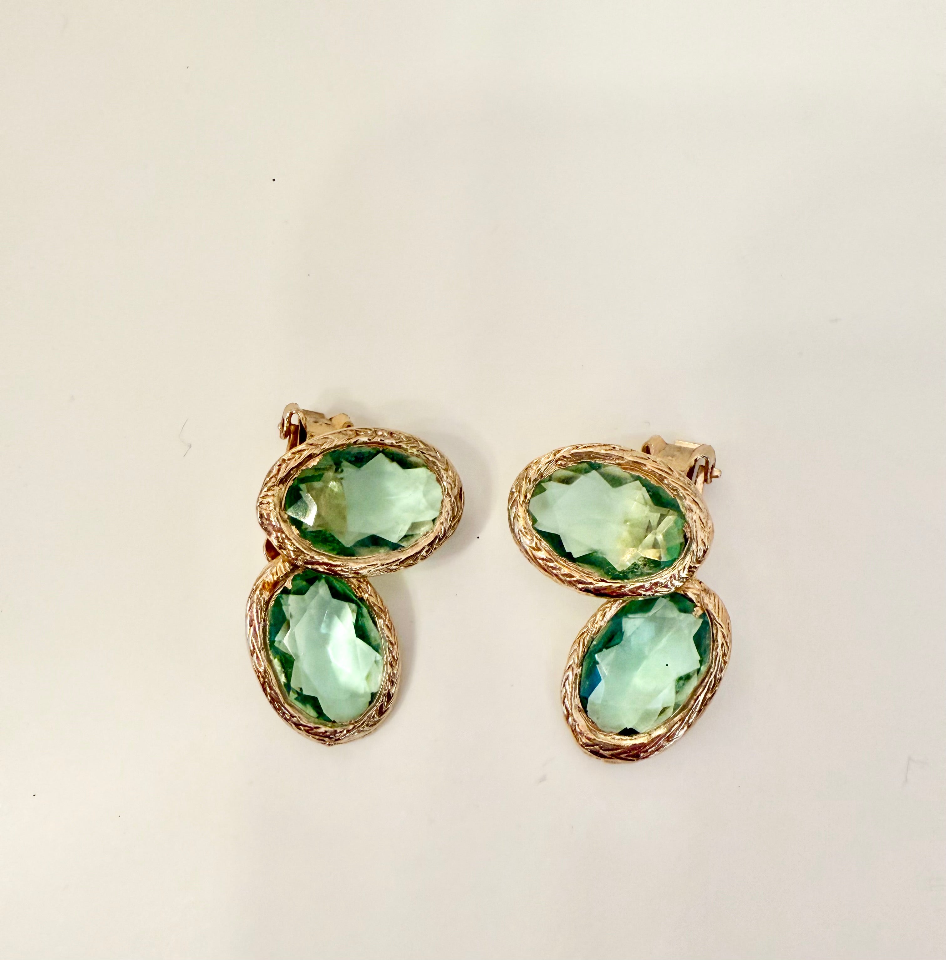 1960's divine Made In France green glass ear climbers... so spectacular.
