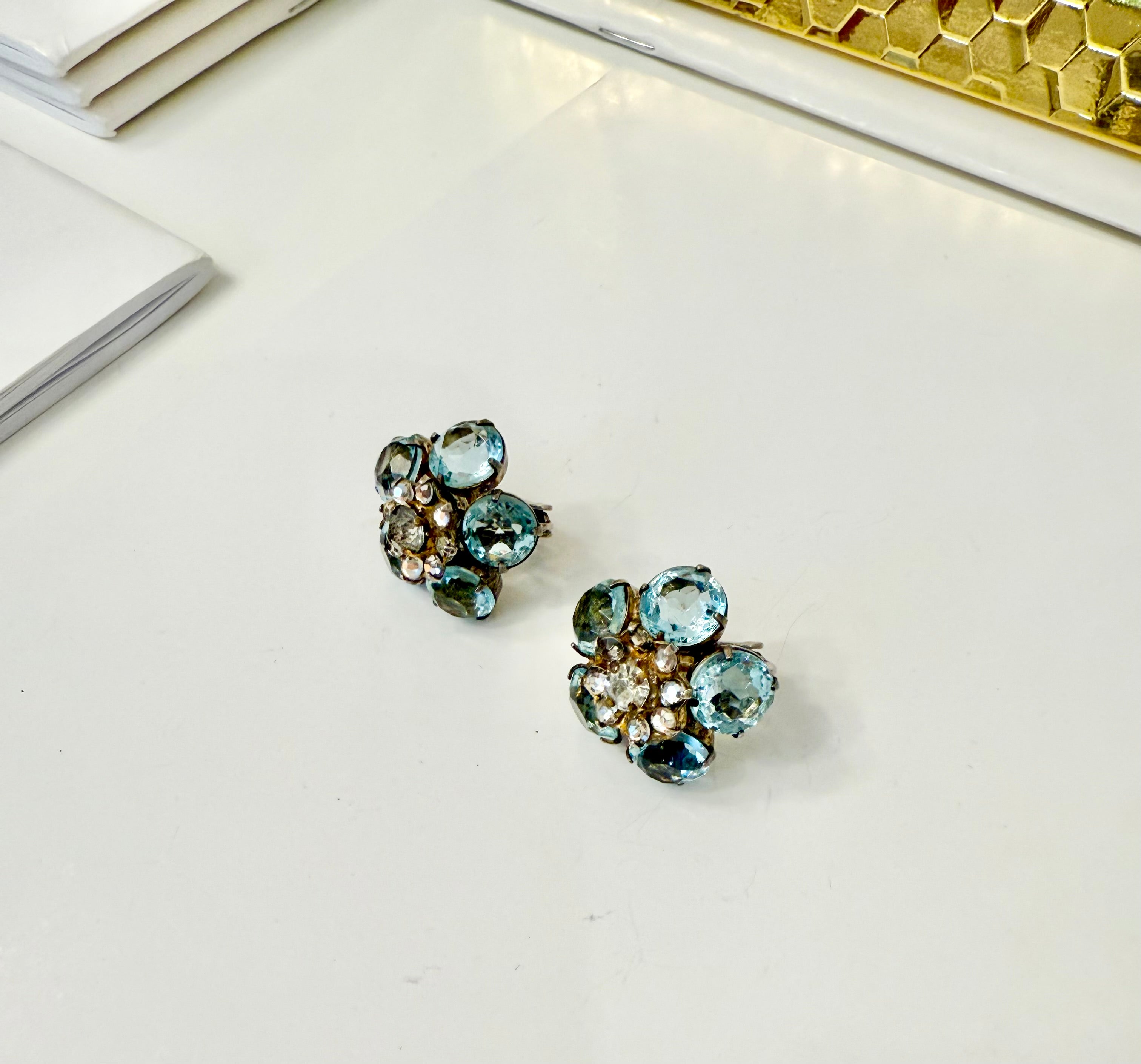 1940's aquamarine glass flower button earrings.... so elegant
