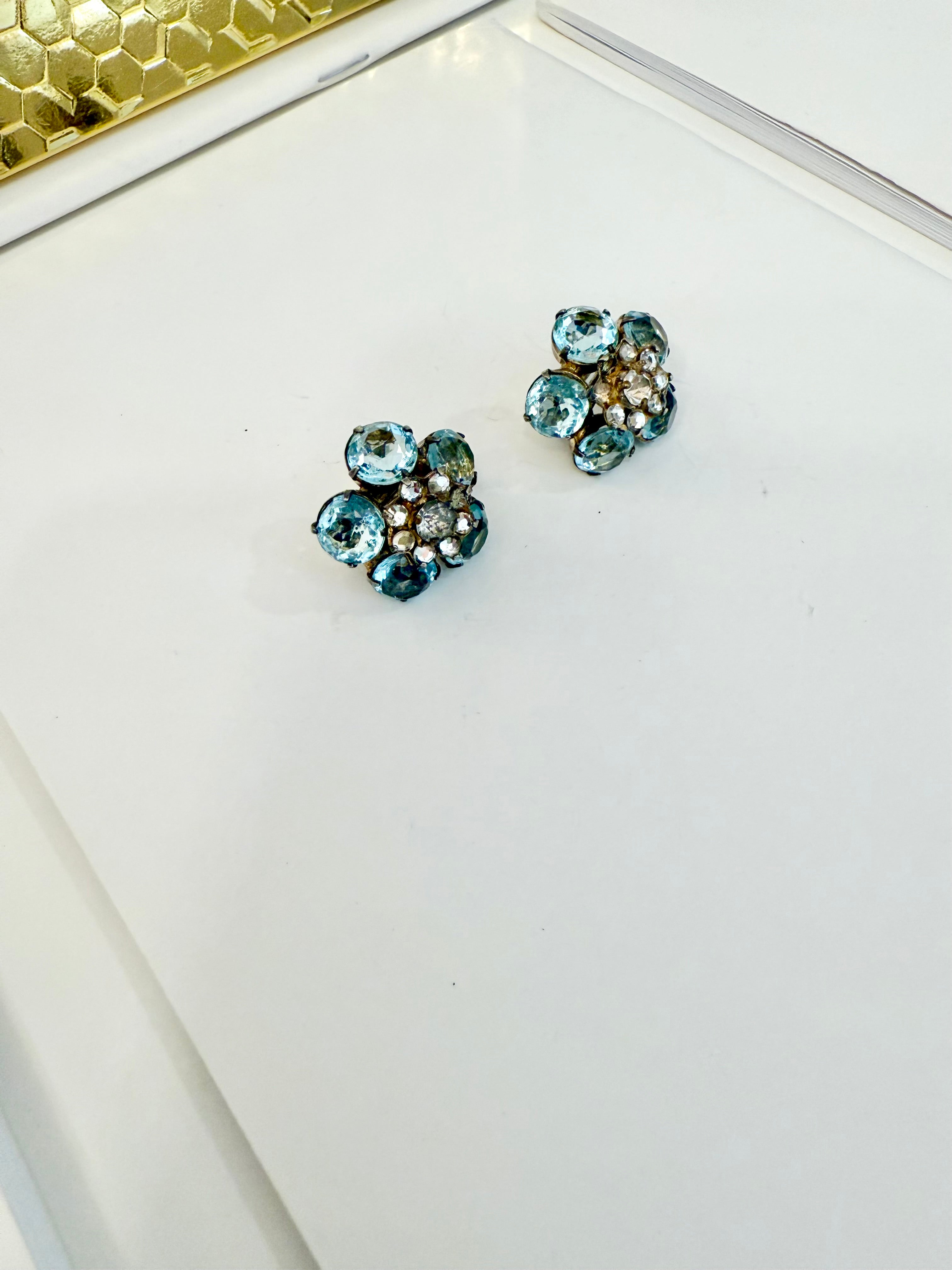 1940's aquamarine glass flower button earrings.... so elegant