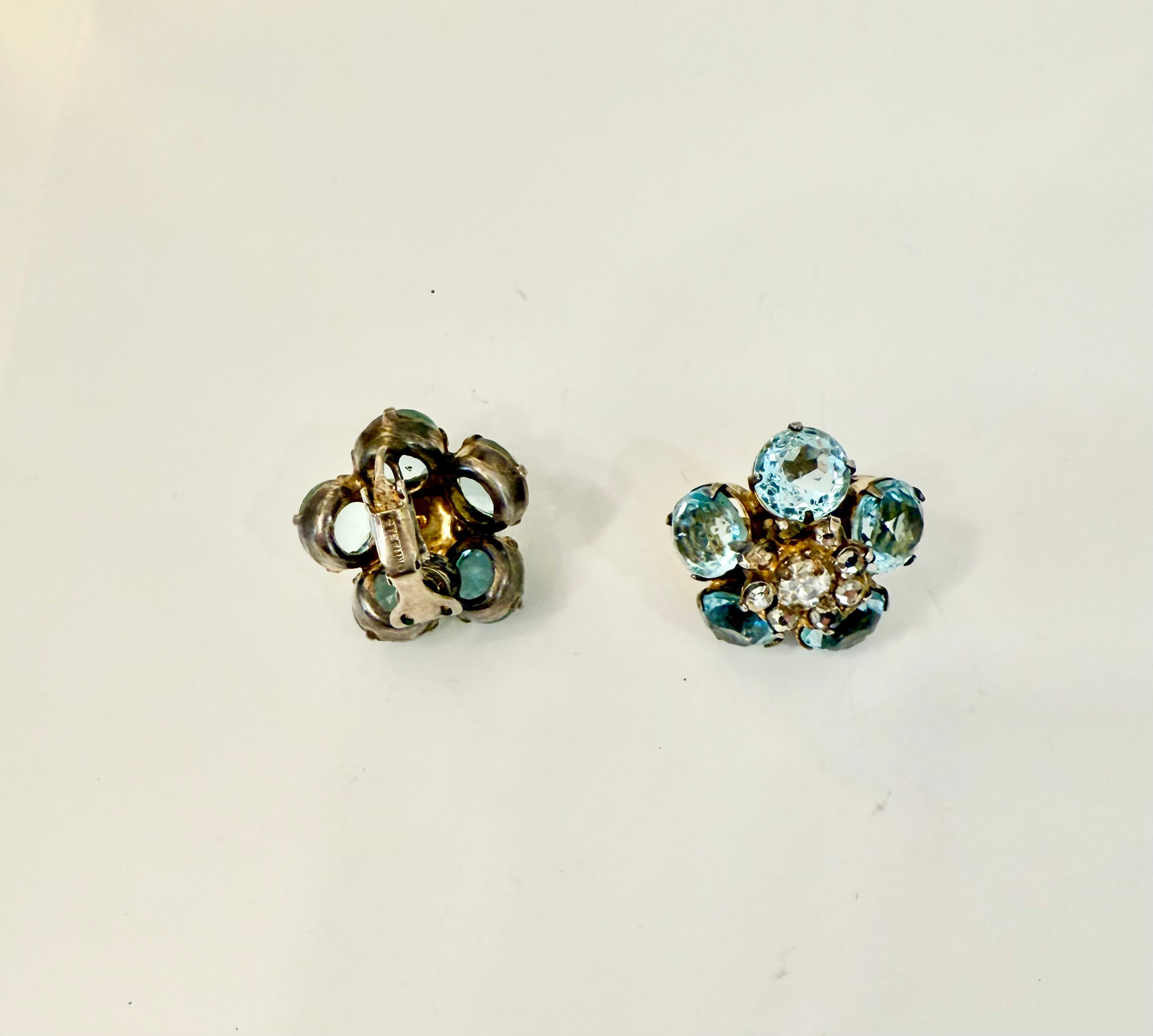 1940's aquamarine glass flower button earrings.... so elegant