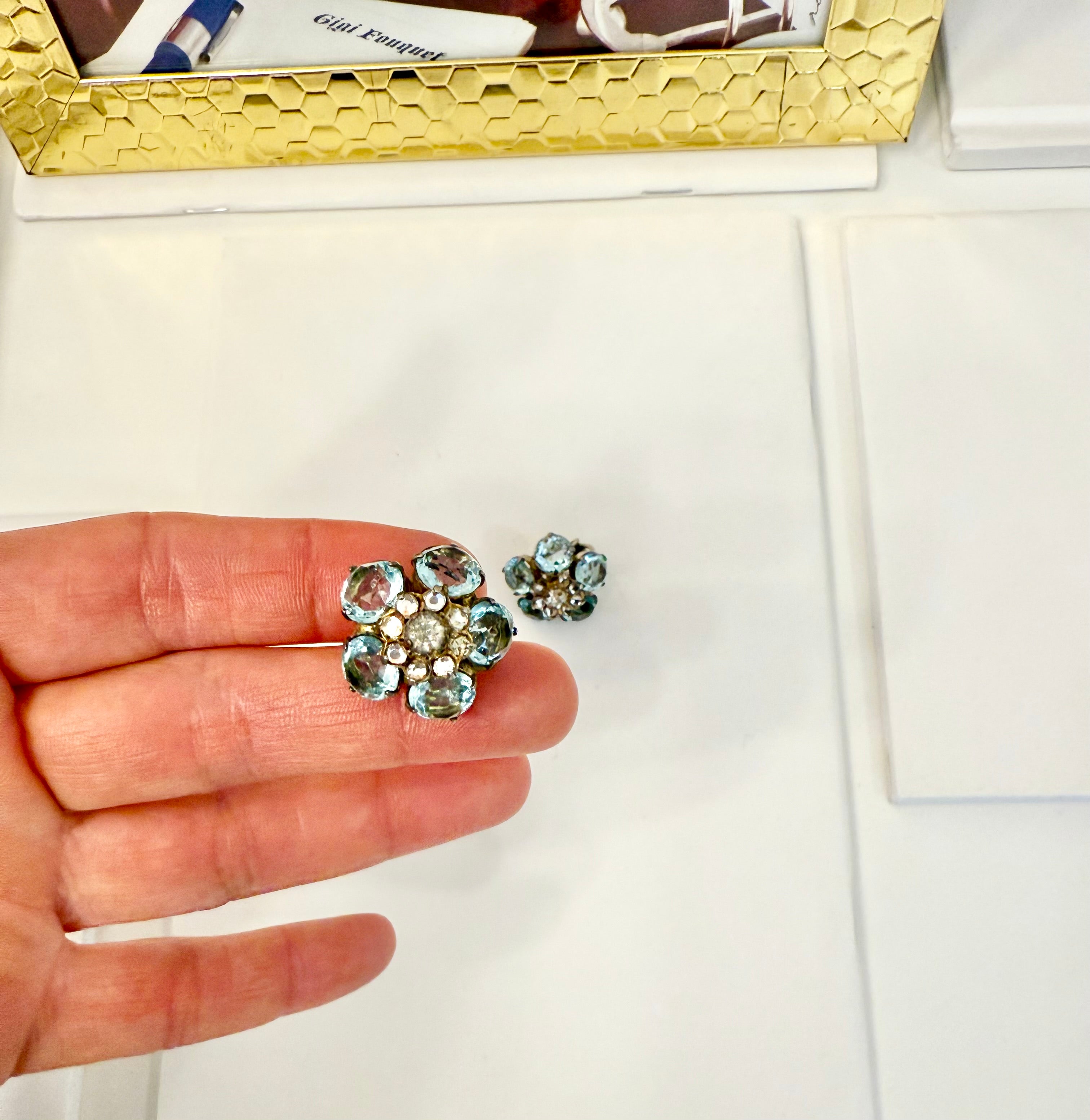 1940's aquamarine glass flower button earrings.... so elegant
