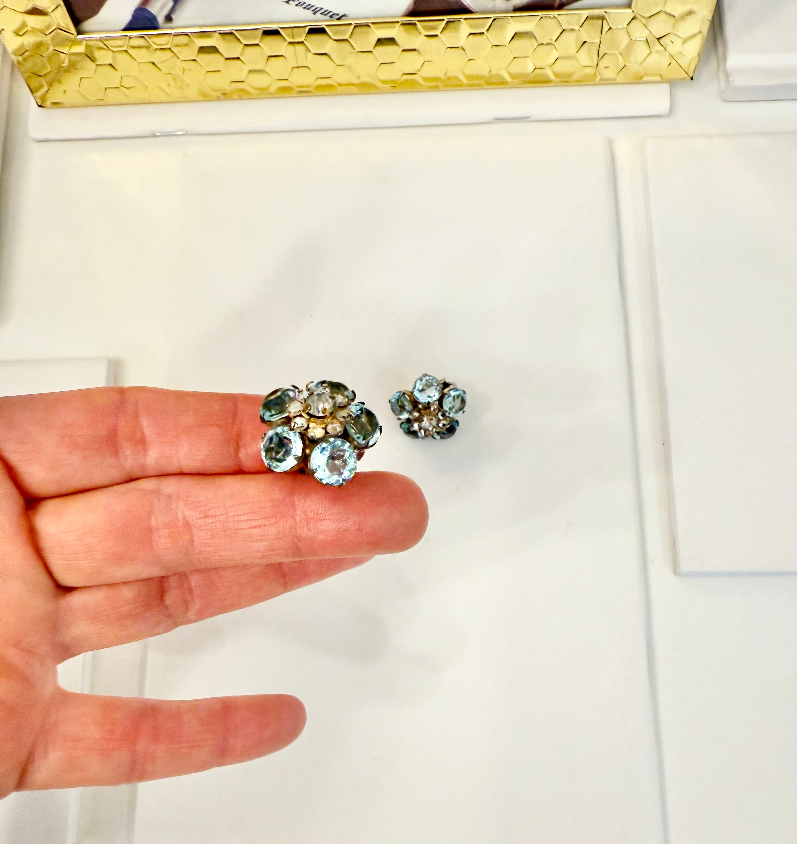 1940's aquamarine glass flower button earrings.... so elegant