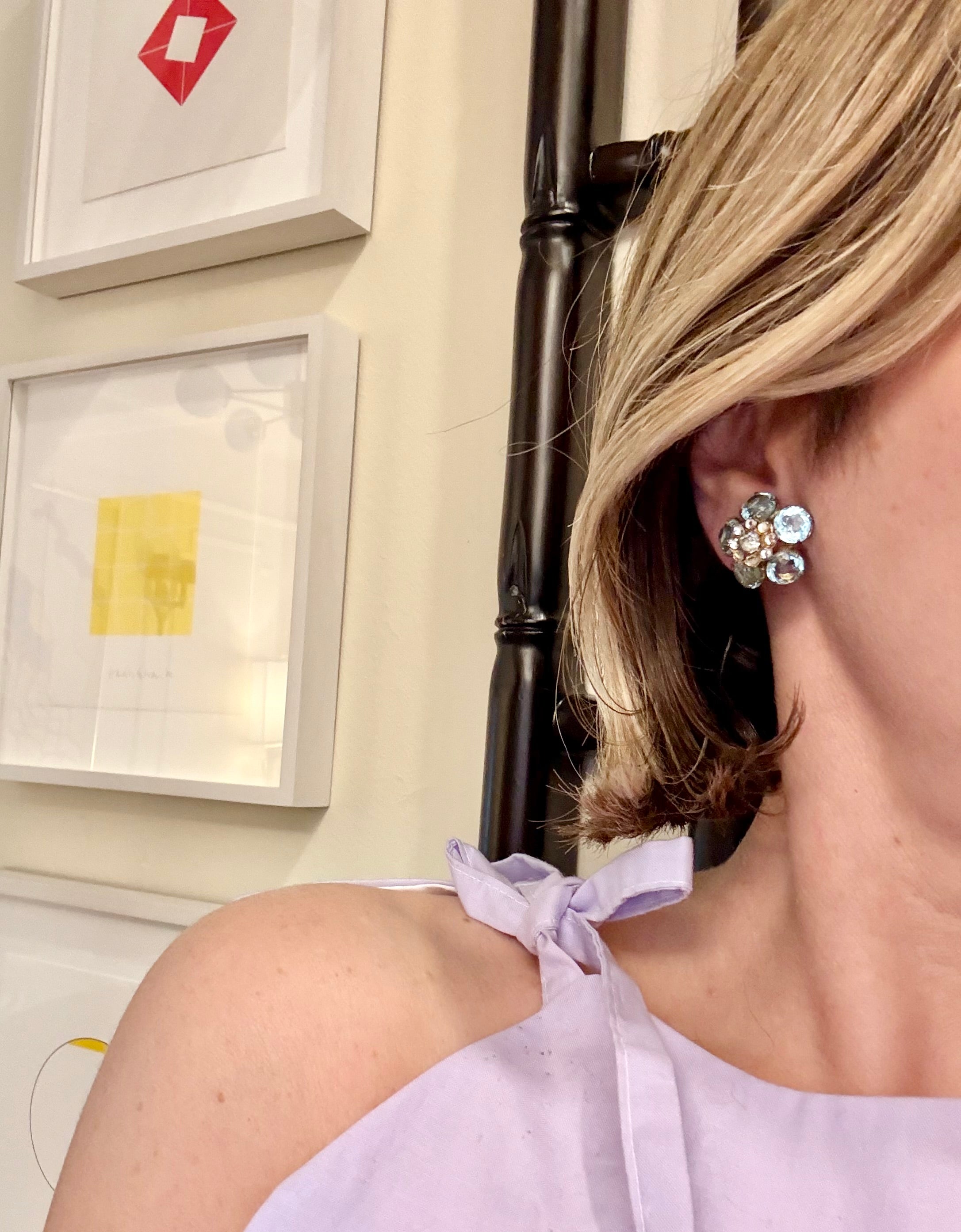1940's aquamarine glass flower button earrings.... so elegant