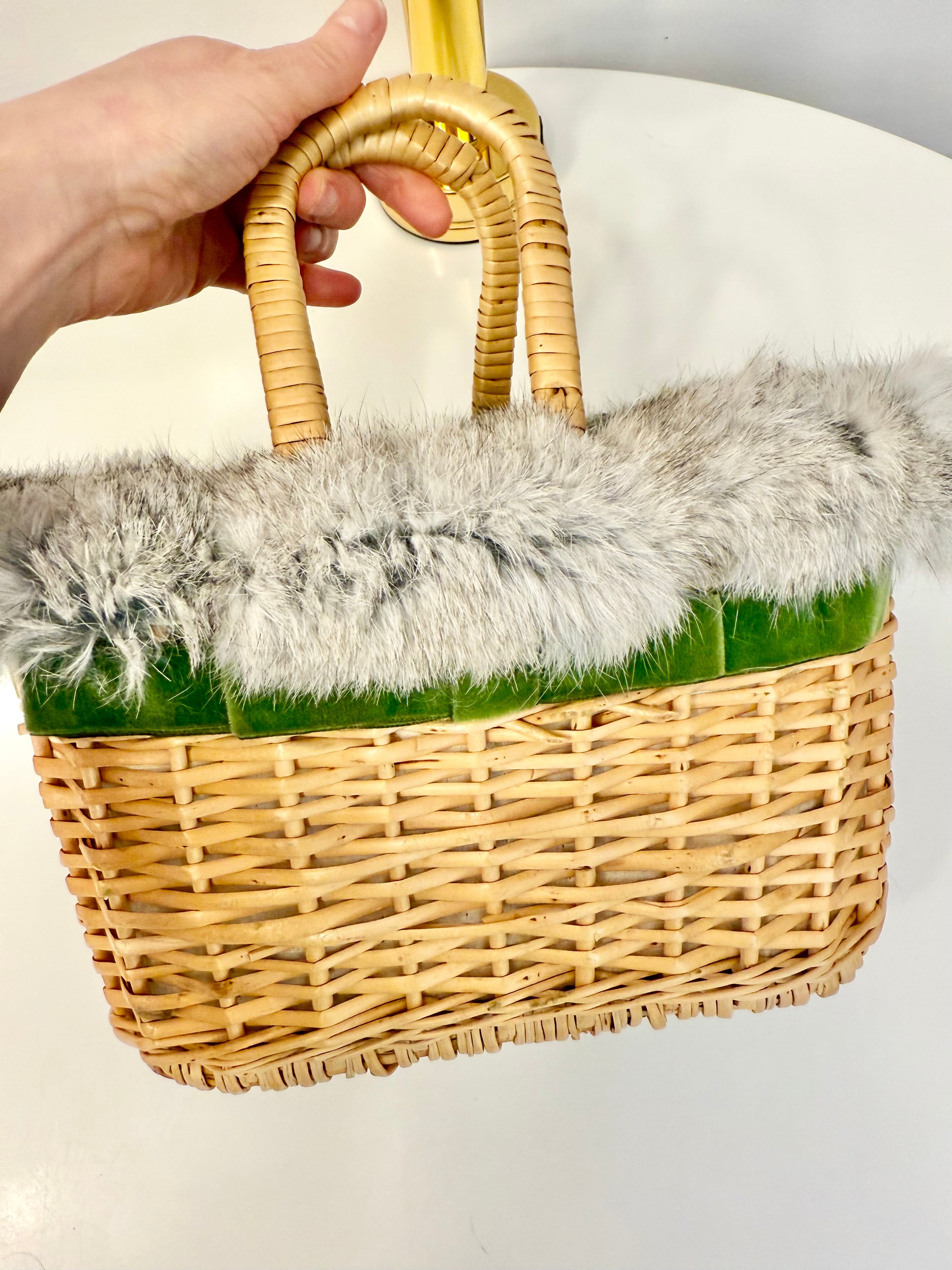 1960's Ladies who lunch basket bag trimmed with silver fox fur....