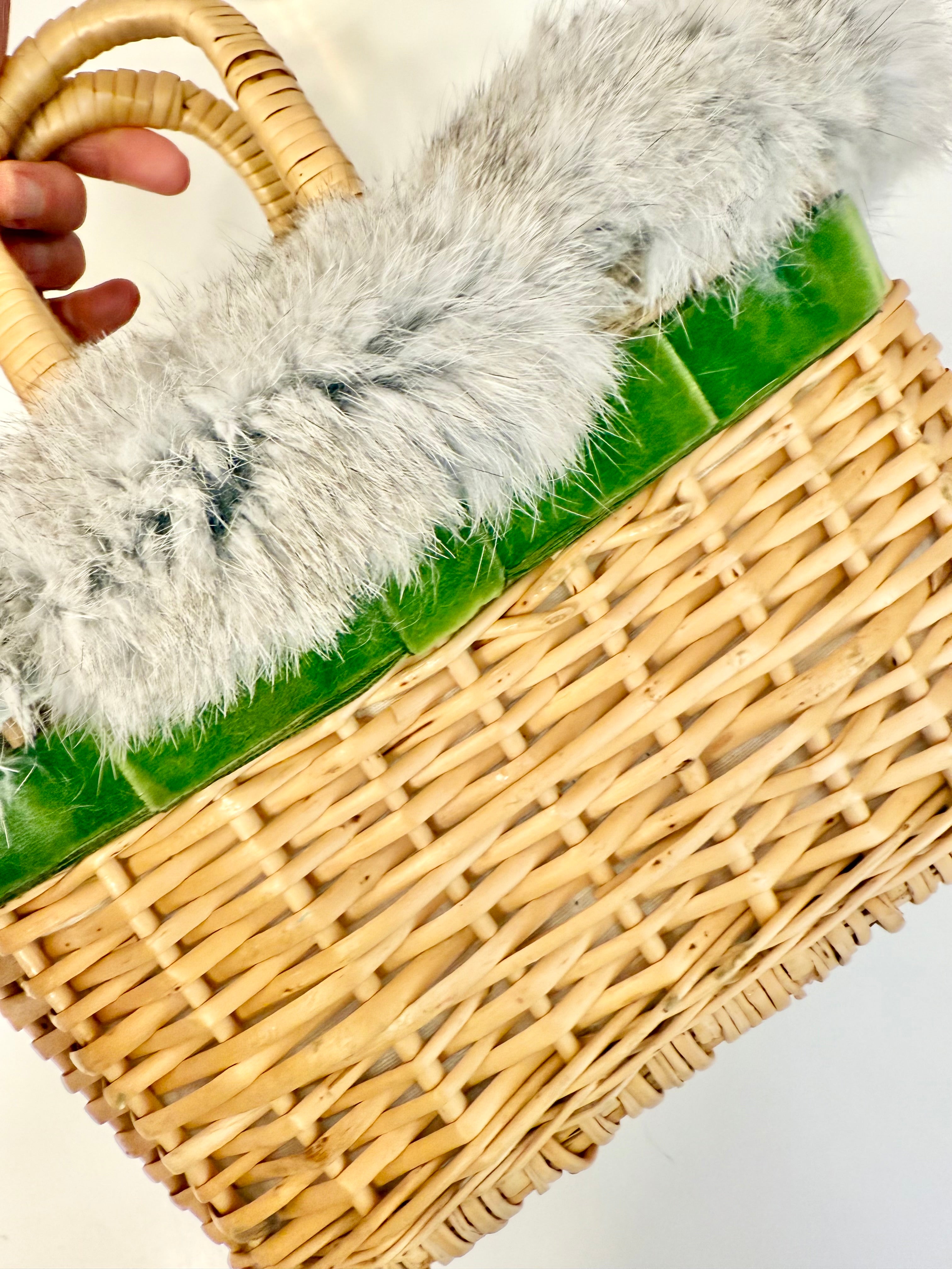 1960's Ladies who lunch basket bag trimmed with silver fox fur....