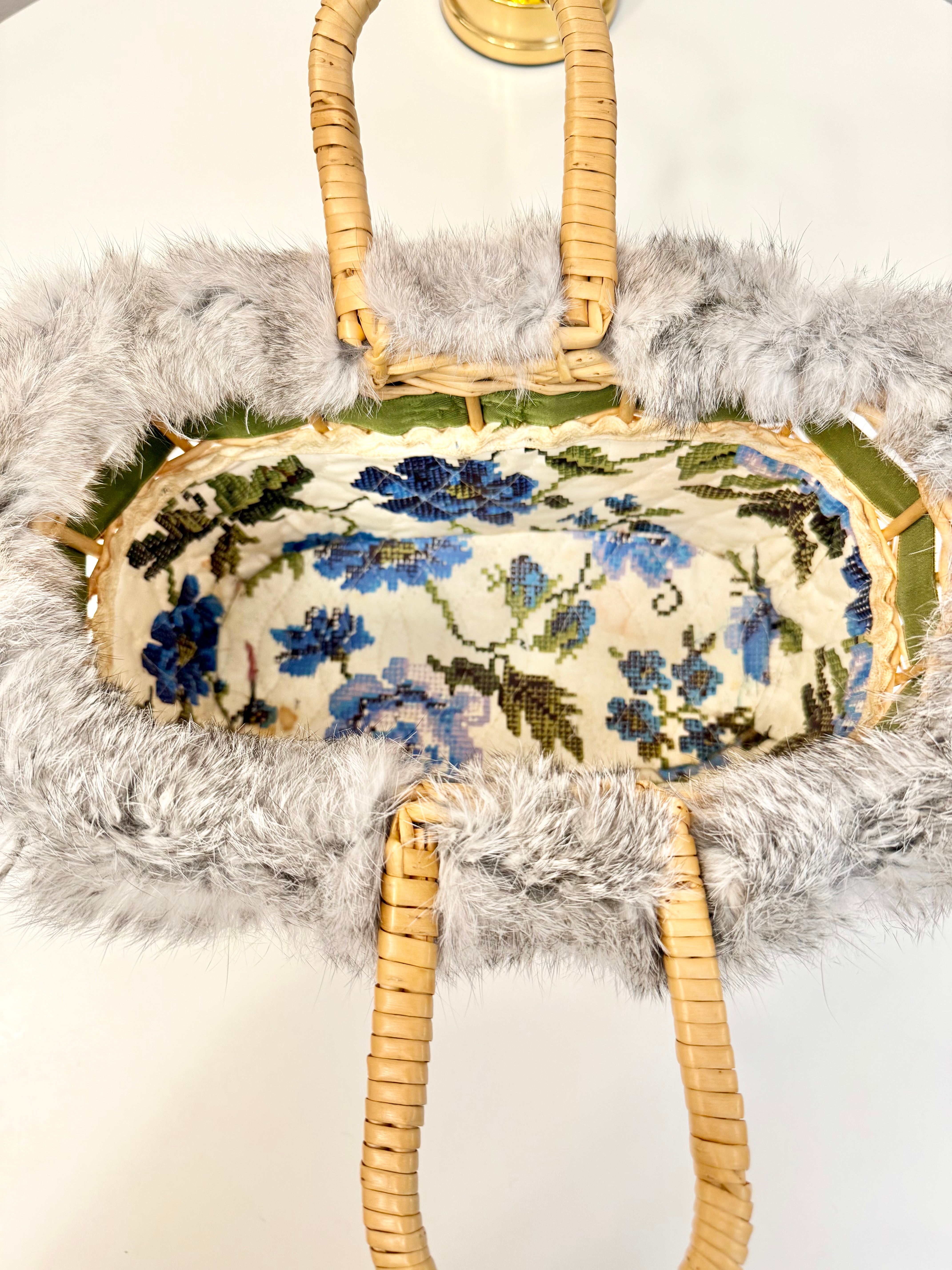 1960's Ladies who lunch basket bag trimmed with silver fox fur....