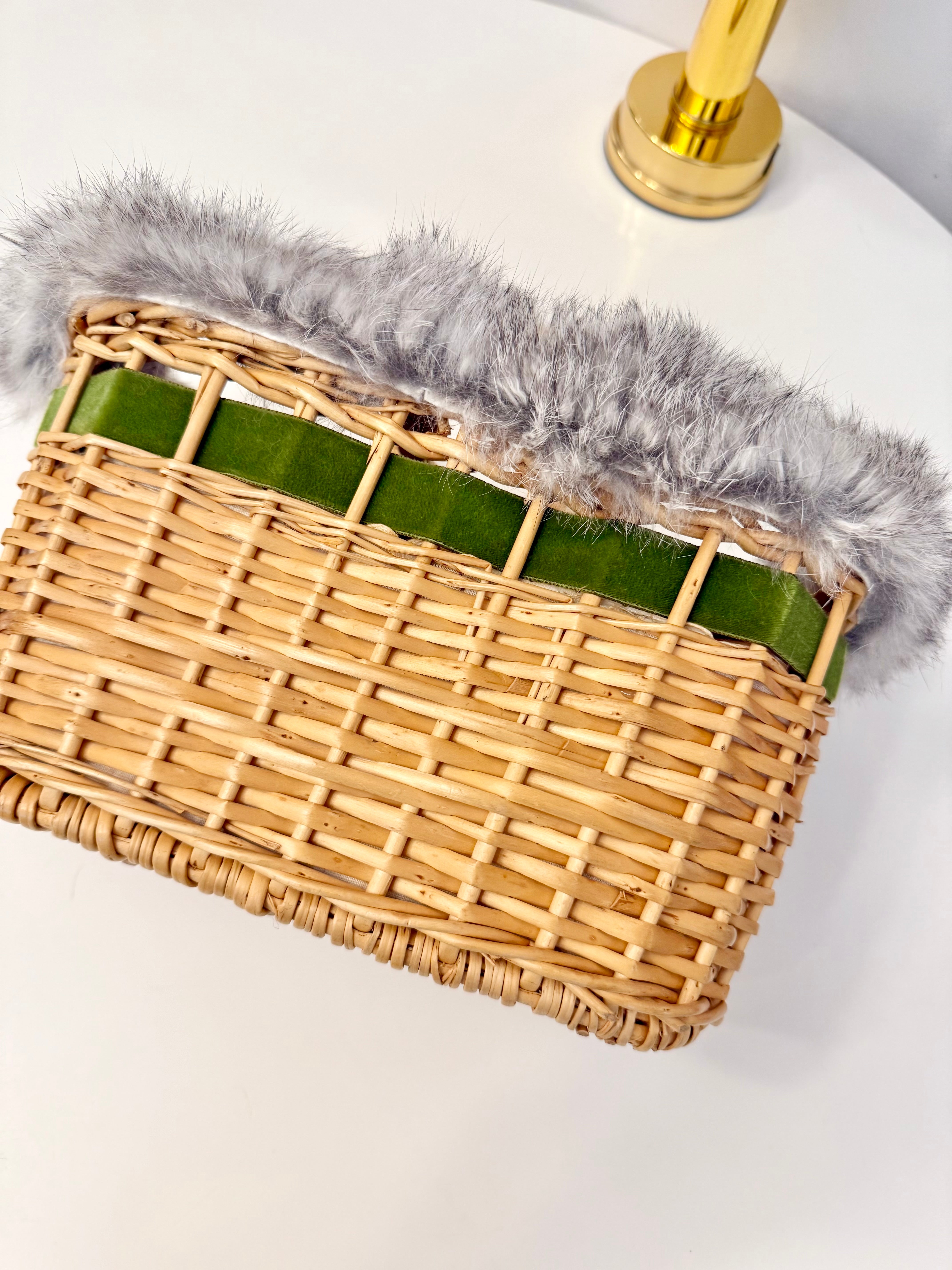 1960's Ladies who lunch basket bag trimmed with silver fox fur....
