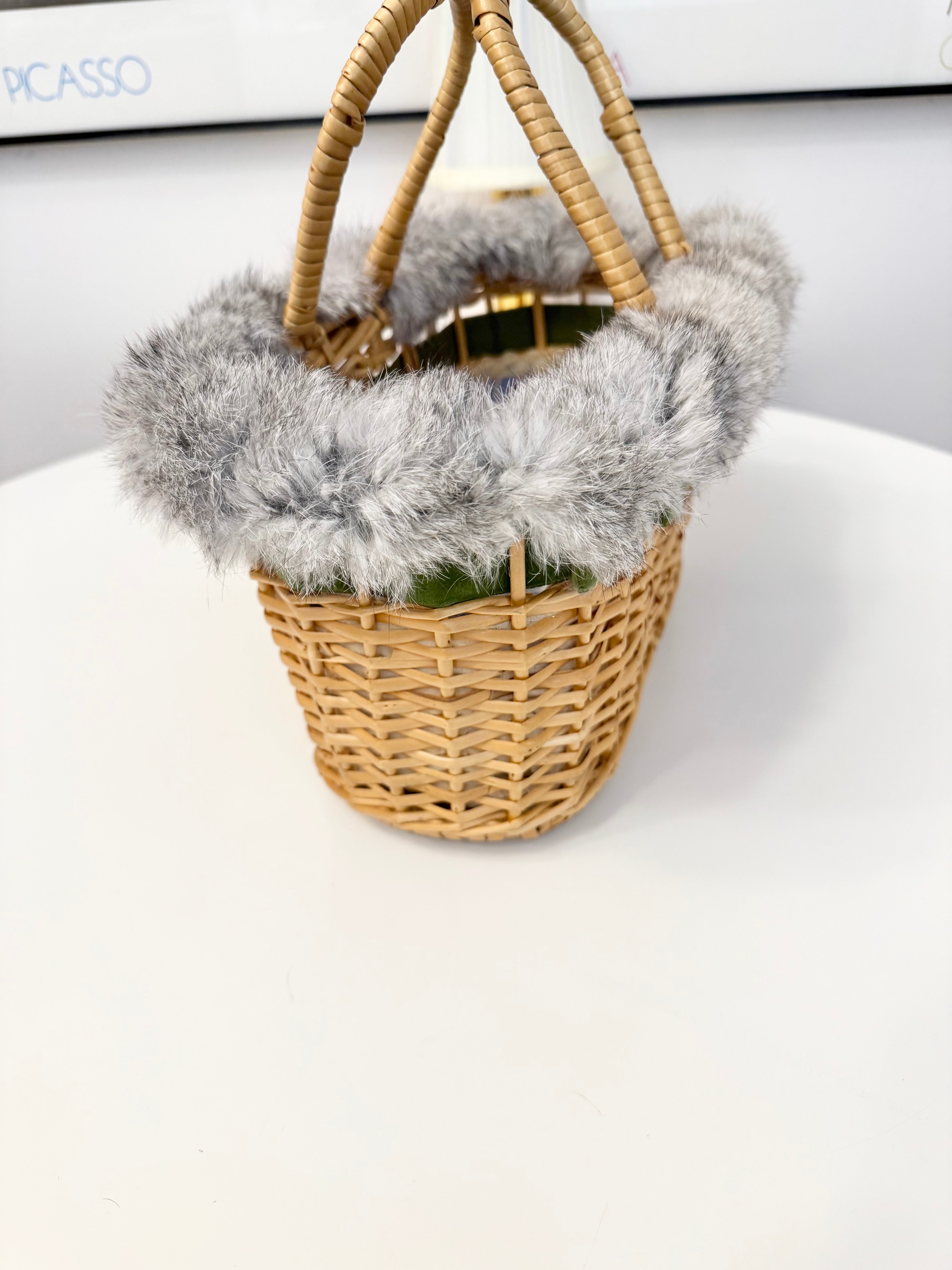1960's Ladies who lunch basket bag trimmed with silver fox fur....