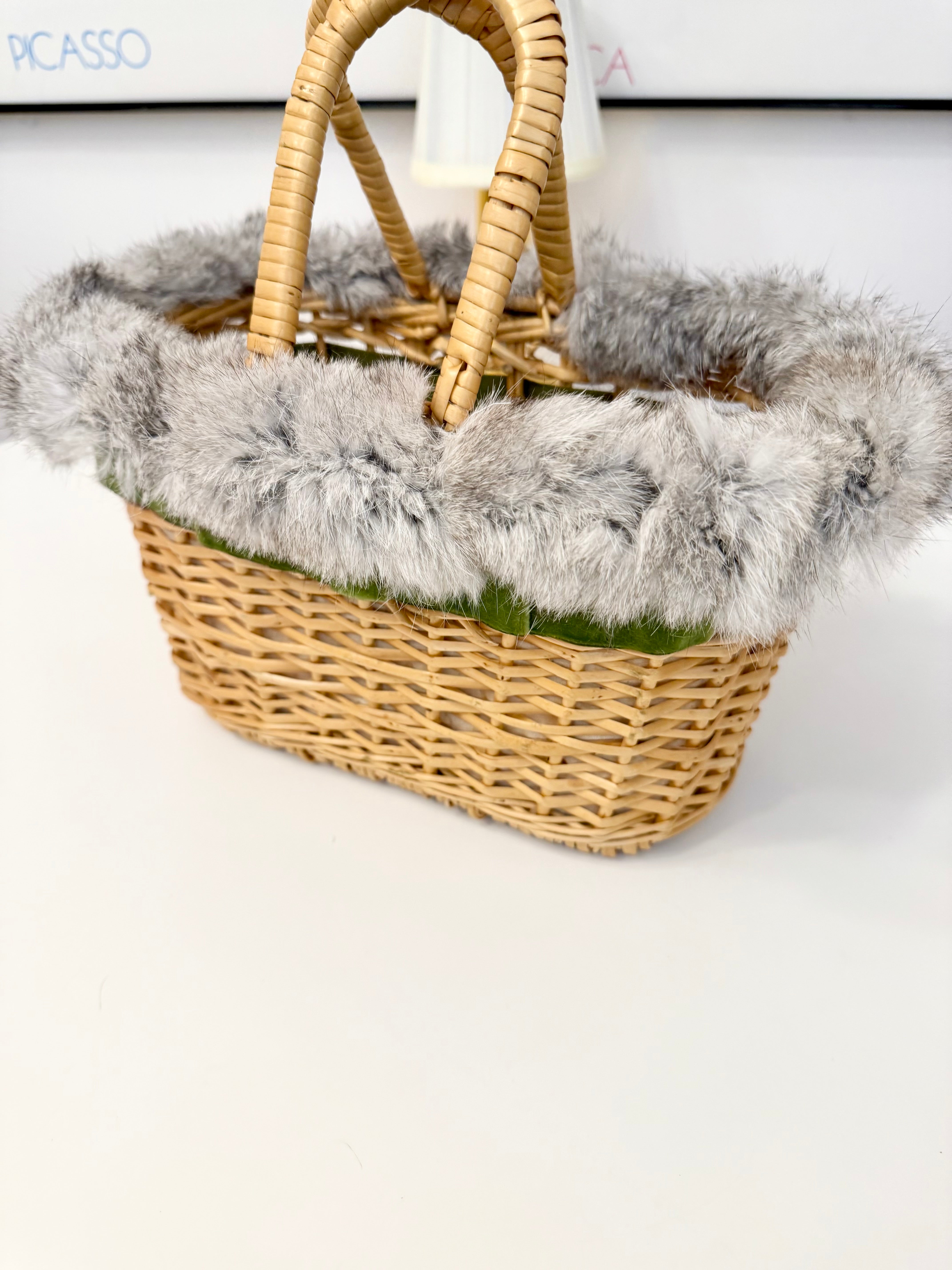 1960's Ladies who lunch basket bag trimmed with silver fox fur....