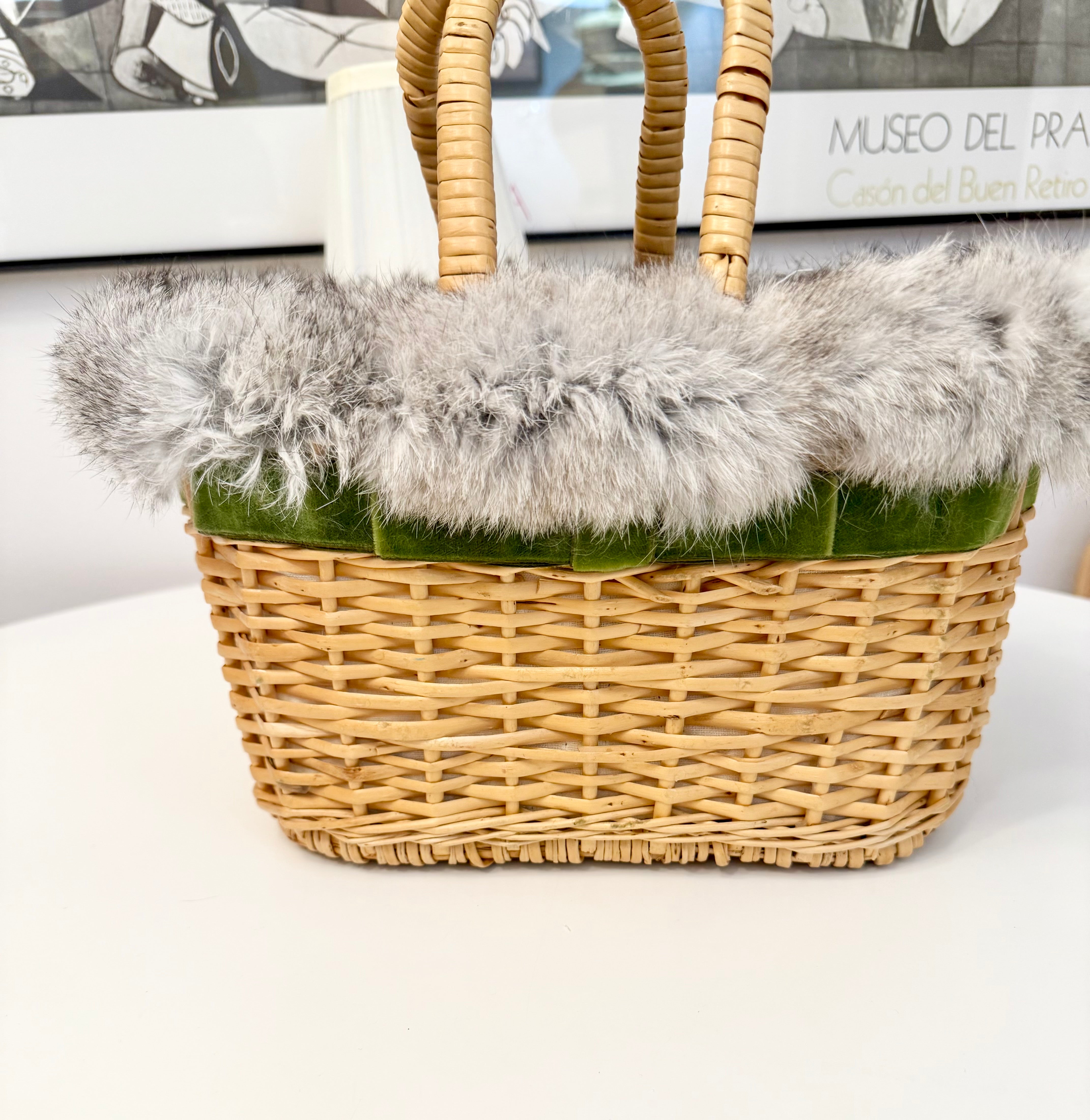 1960's Ladies who lunch basket bag trimmed with silver fox fur....