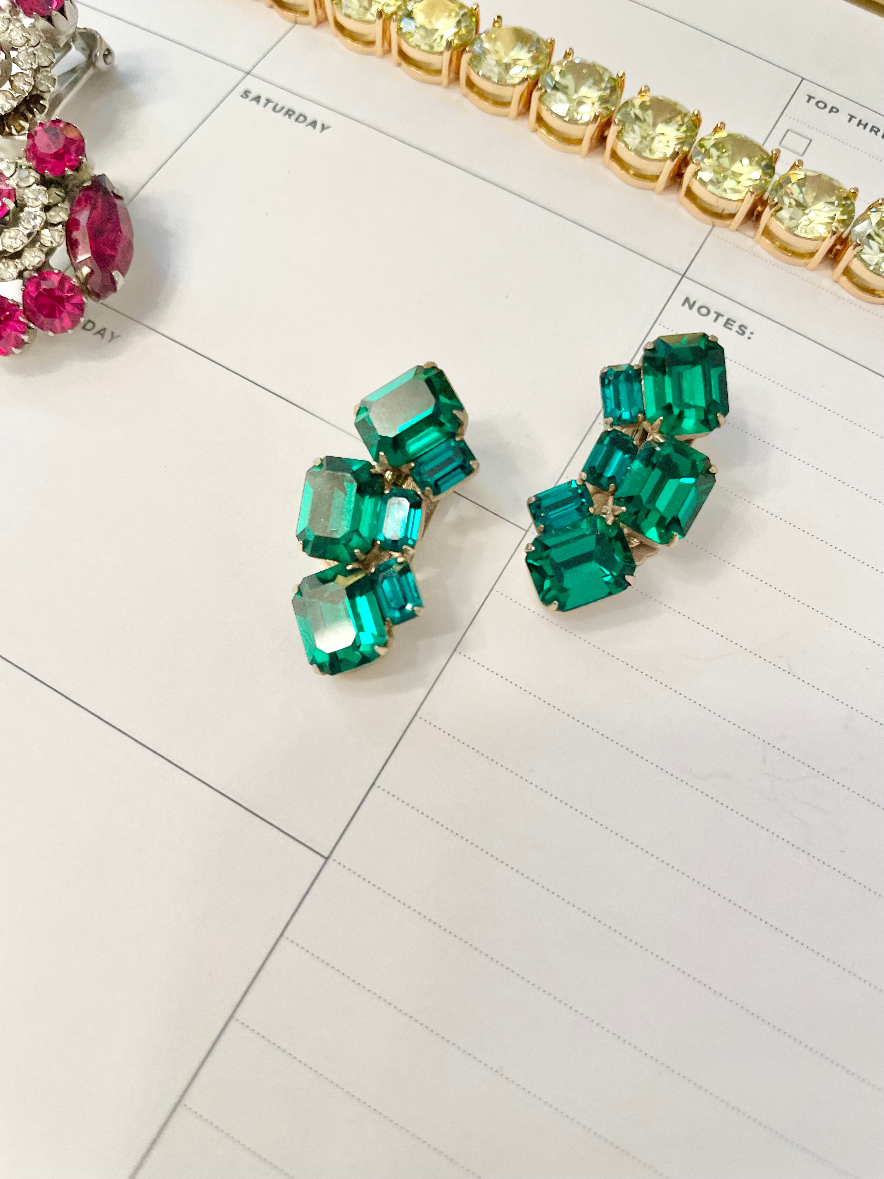 1960's divine emerald glass Weiss ear climbers.....so charming