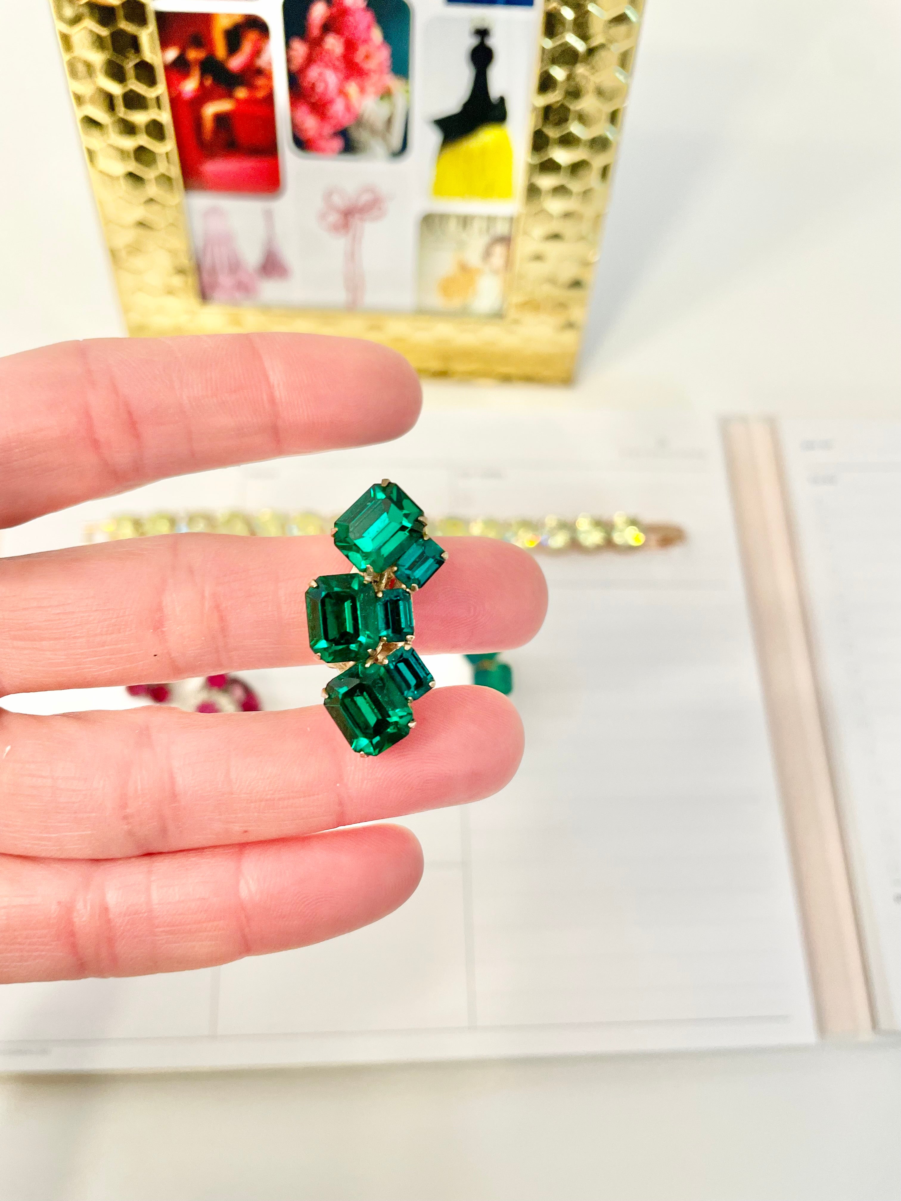 1960's divine emerald glass Weiss ear climbers.....so charming