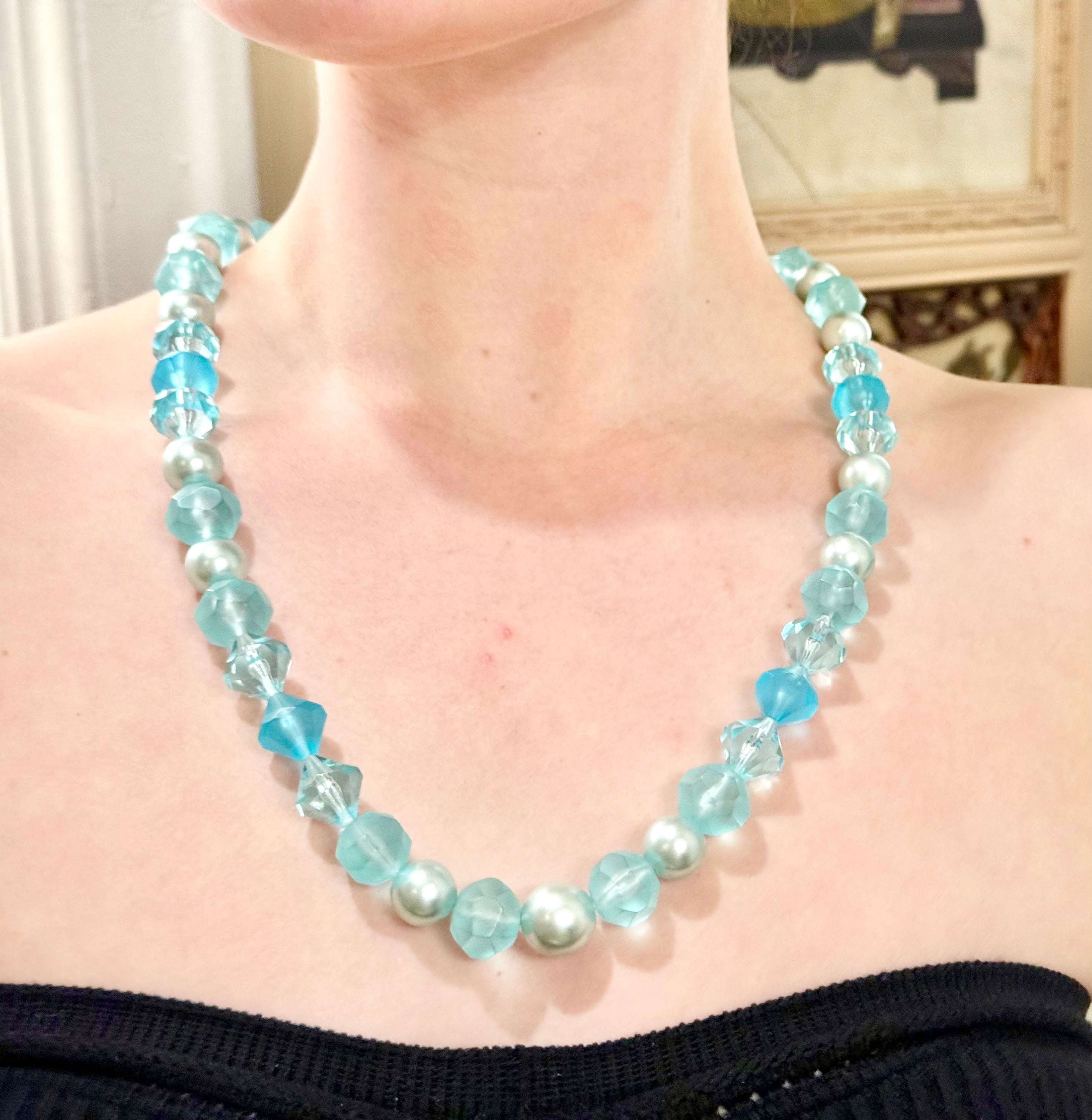 The most perfect aqua lucite long beaded necklace...