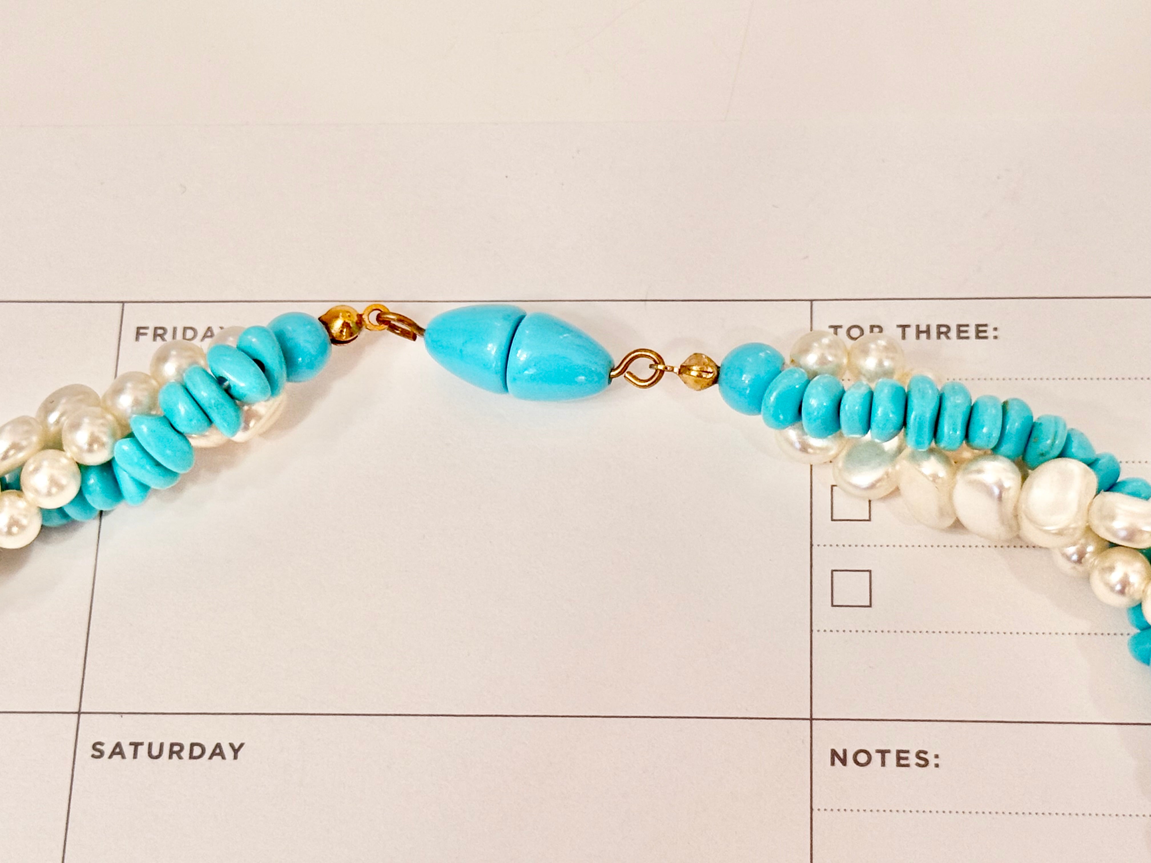 1960's lovely faux pearl, and turquoise beaded necklace.