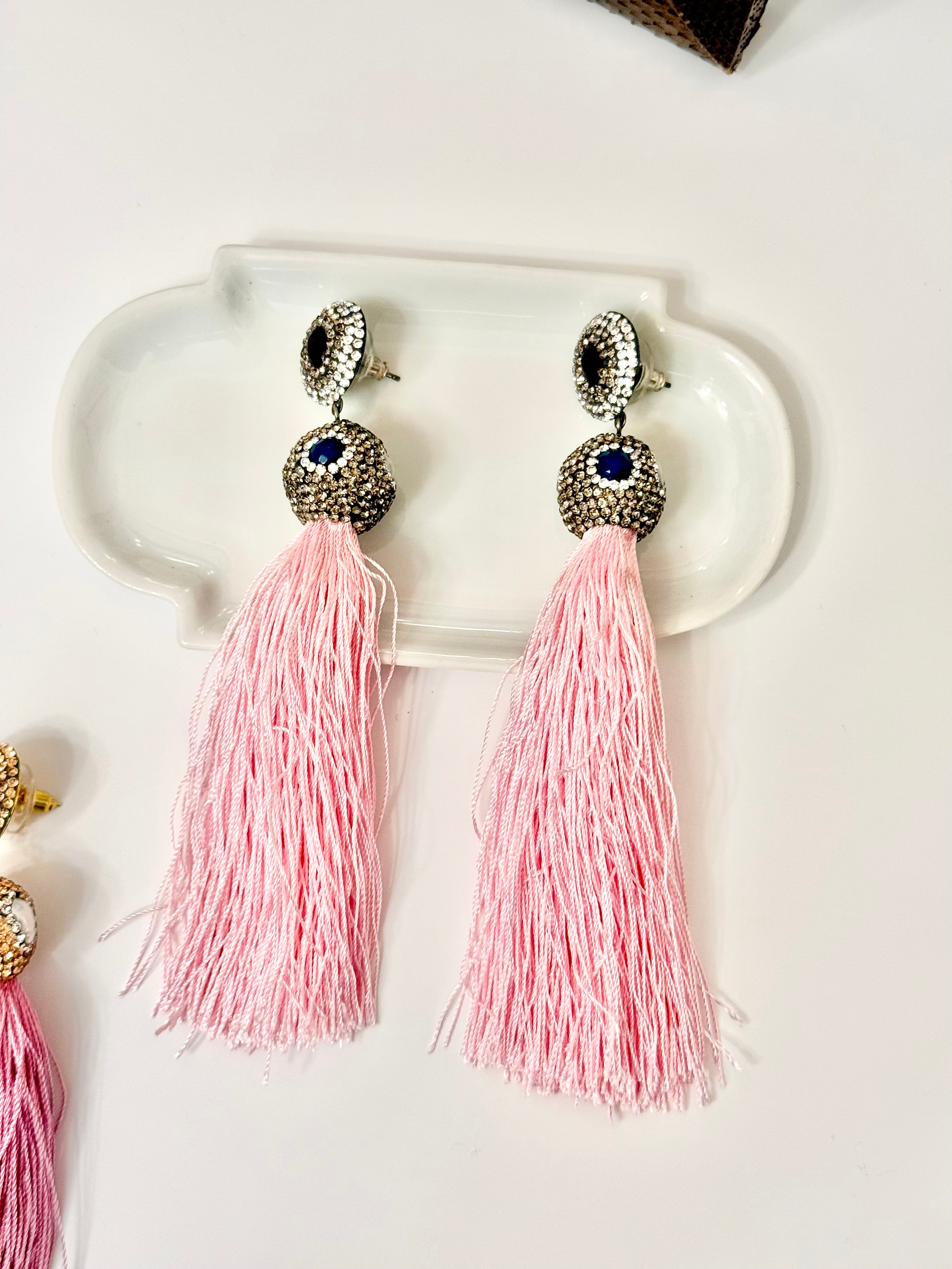 The most lovely pink tassel earrings with semi precious stones