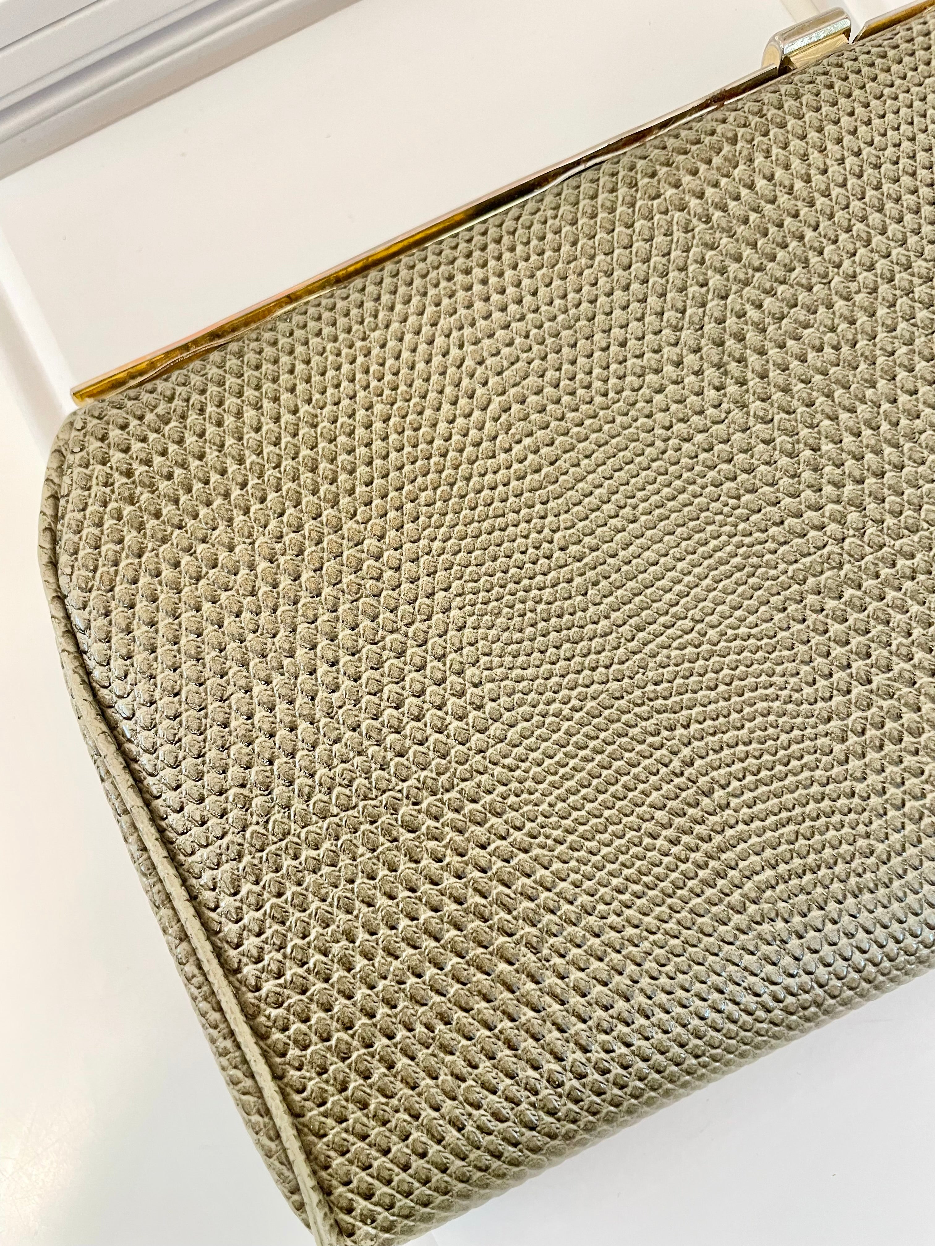 Vintage 1960's truly classy faux lizard moss green clutch bag.... so timeless