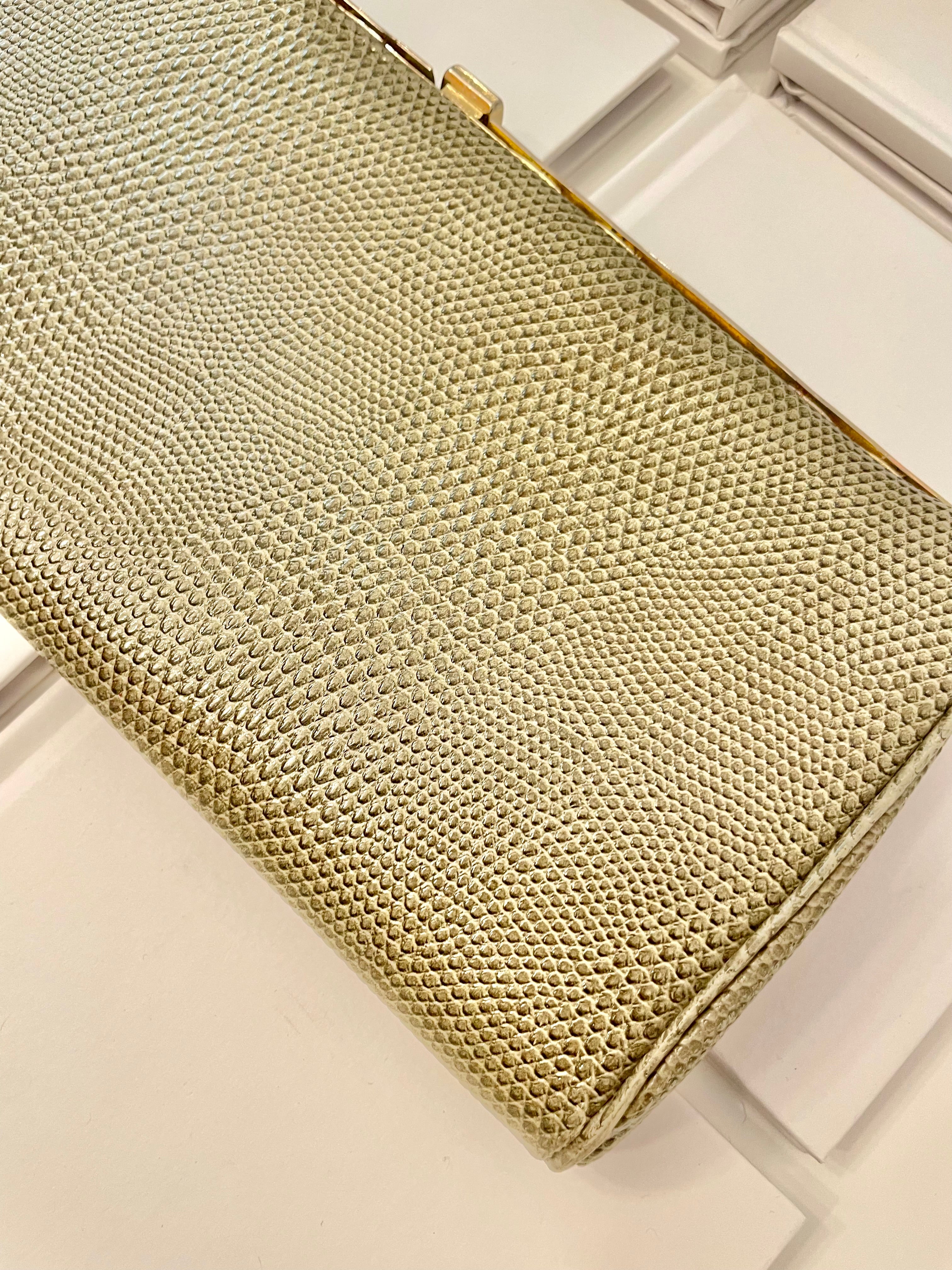 Vintage 1960's truly classy faux lizard moss green clutch bag.... so timeless