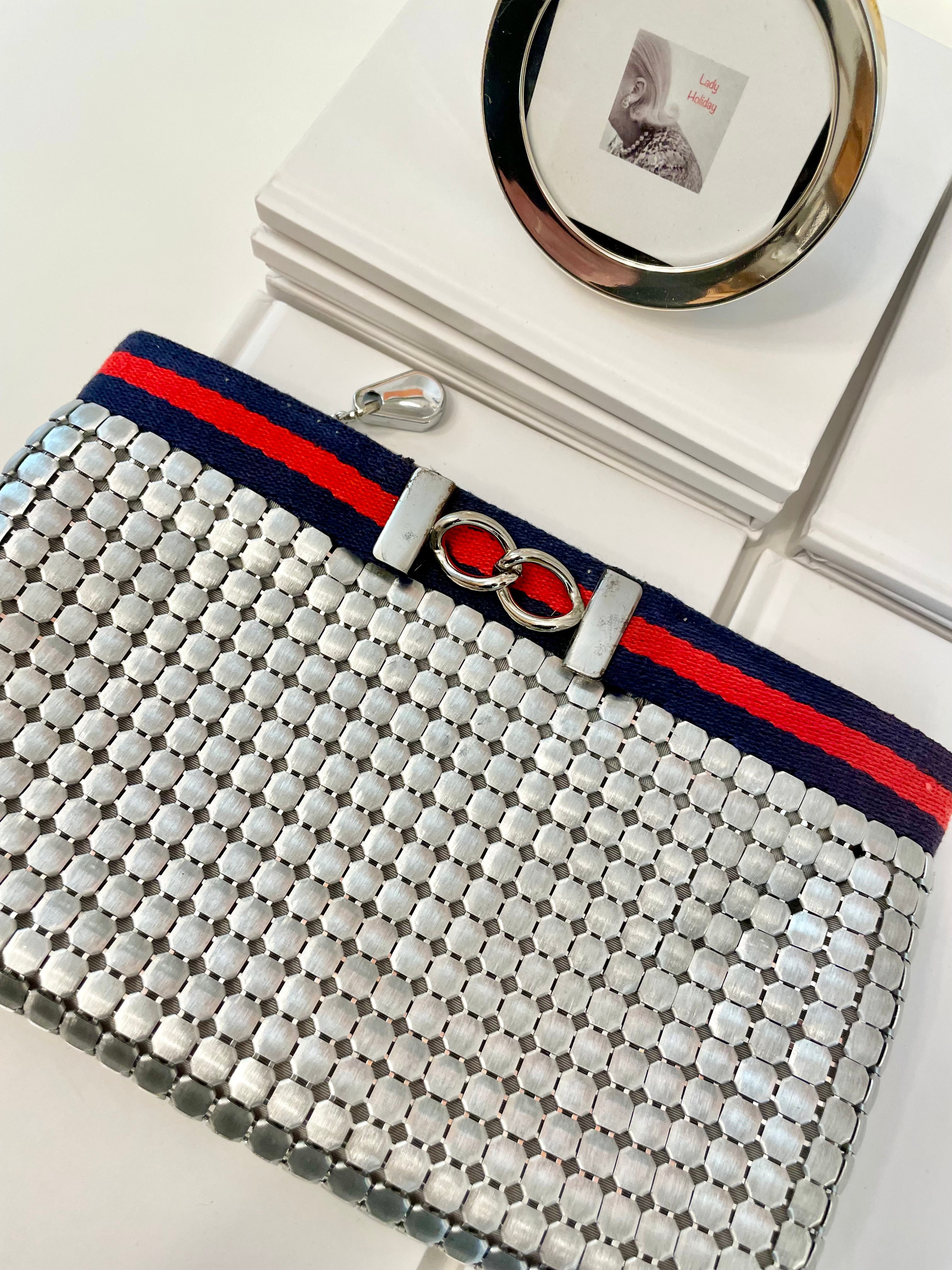 Vintage Whiting and Davis snazzy silver clutch bag, adorned with preppy ribbon!